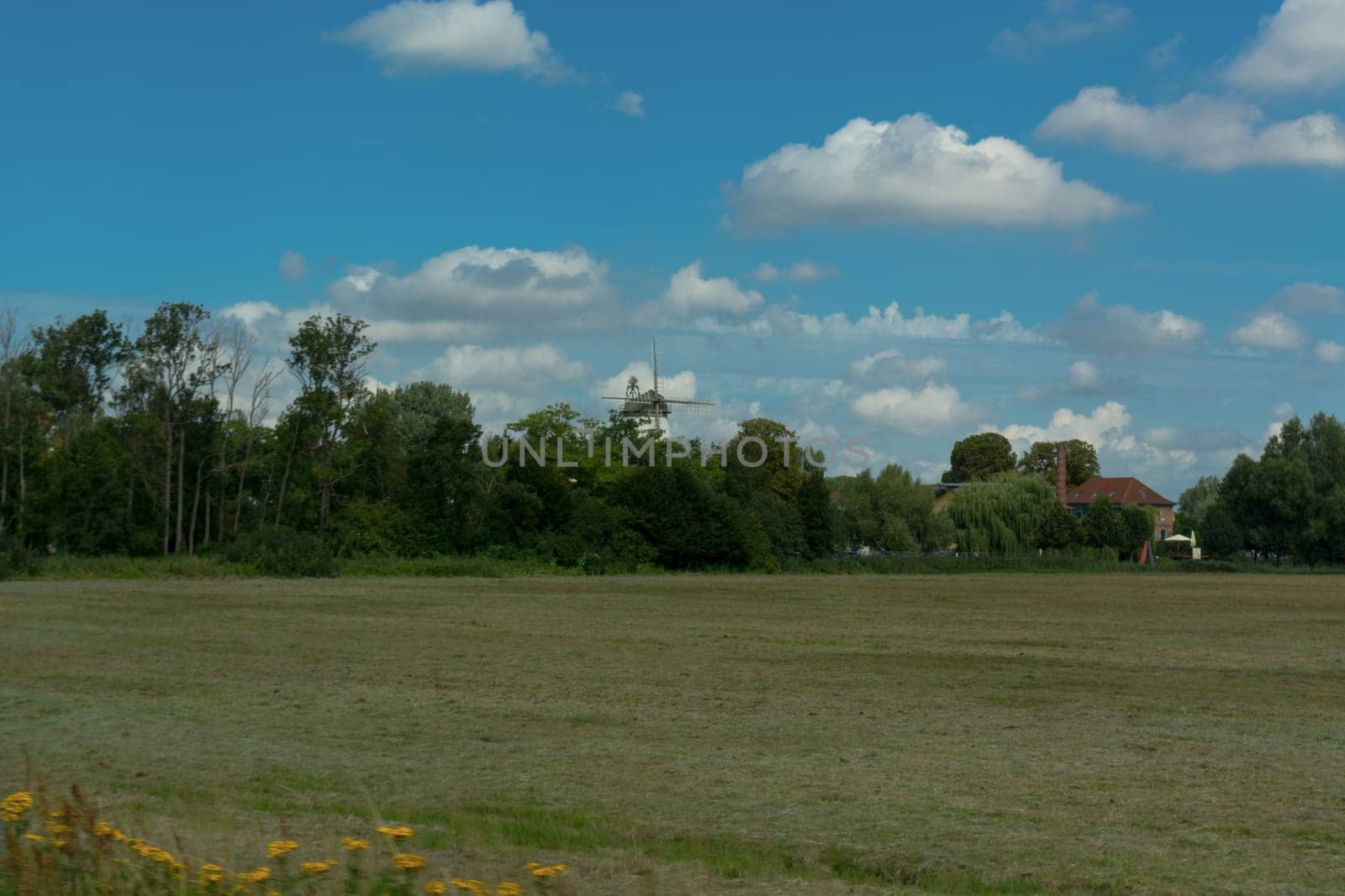 Countryside panorama blue sky Windmill in the background