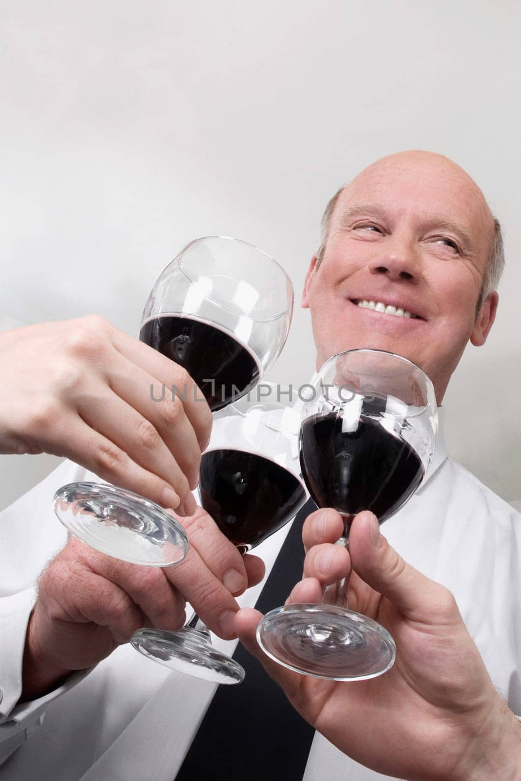 Two men and a woman toasting with wine