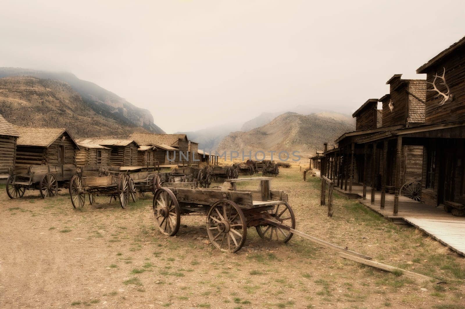 Abandoned horse carts in a town, Old Trail Town, Cody, Wyoming, USA