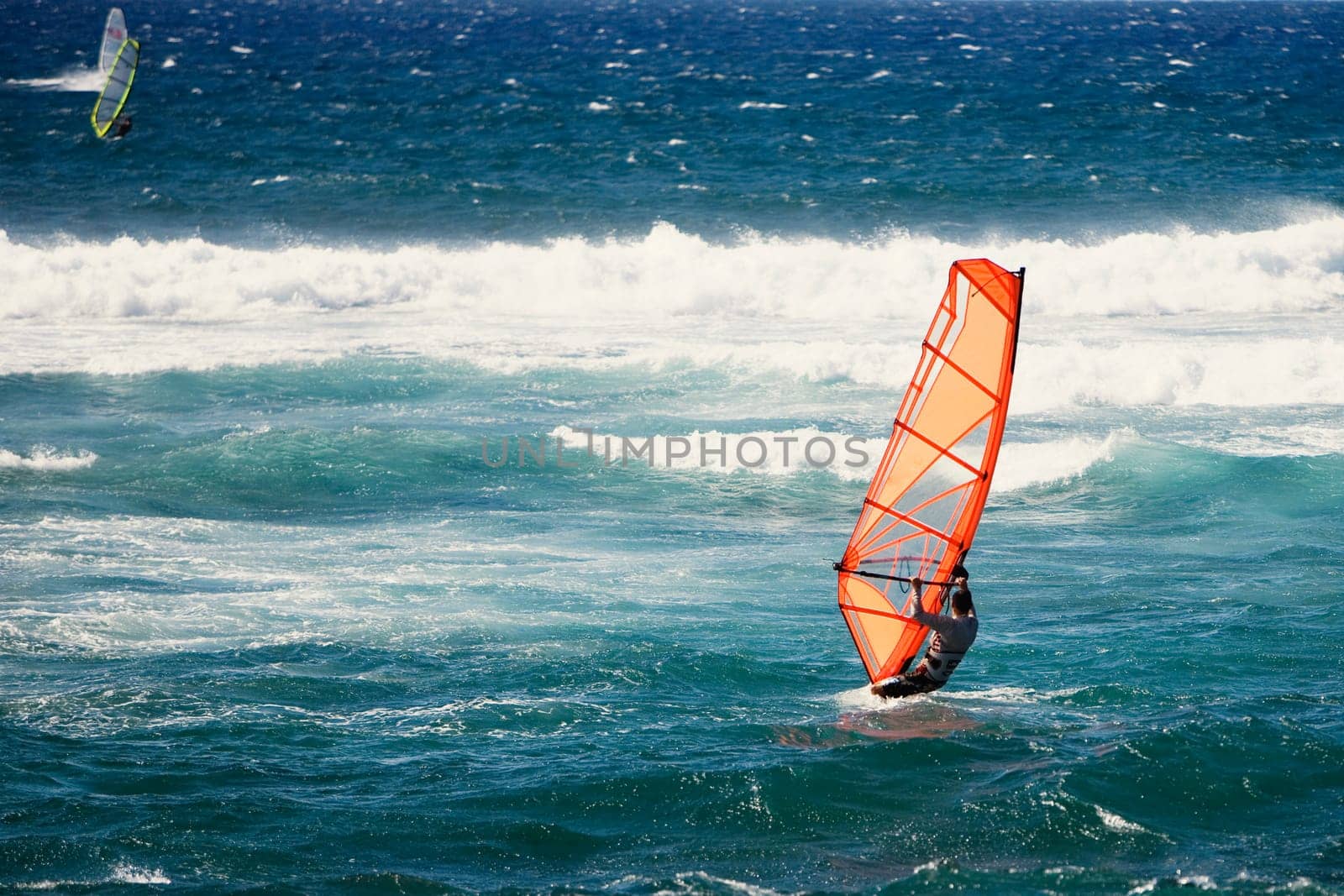 Tourist windsurfing in the sea, Hookipa Beach, Maui, Hawaii, USA