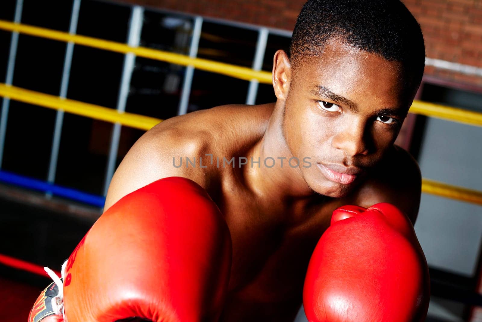 Portrait of a young male boxer in a fighting stance