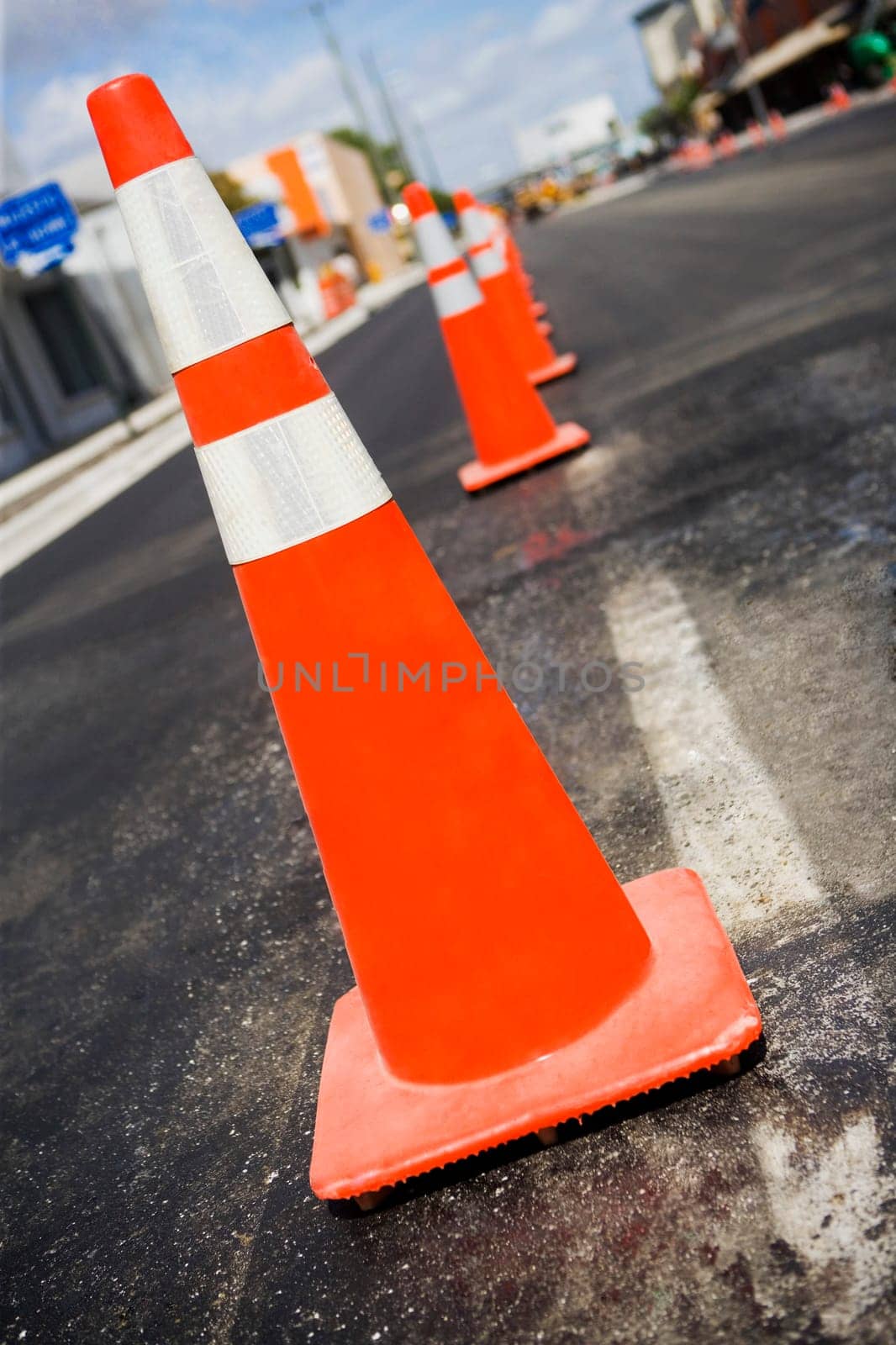 Traffic cones on a road, Biscayne Boulevard, Miami, Florida, USA