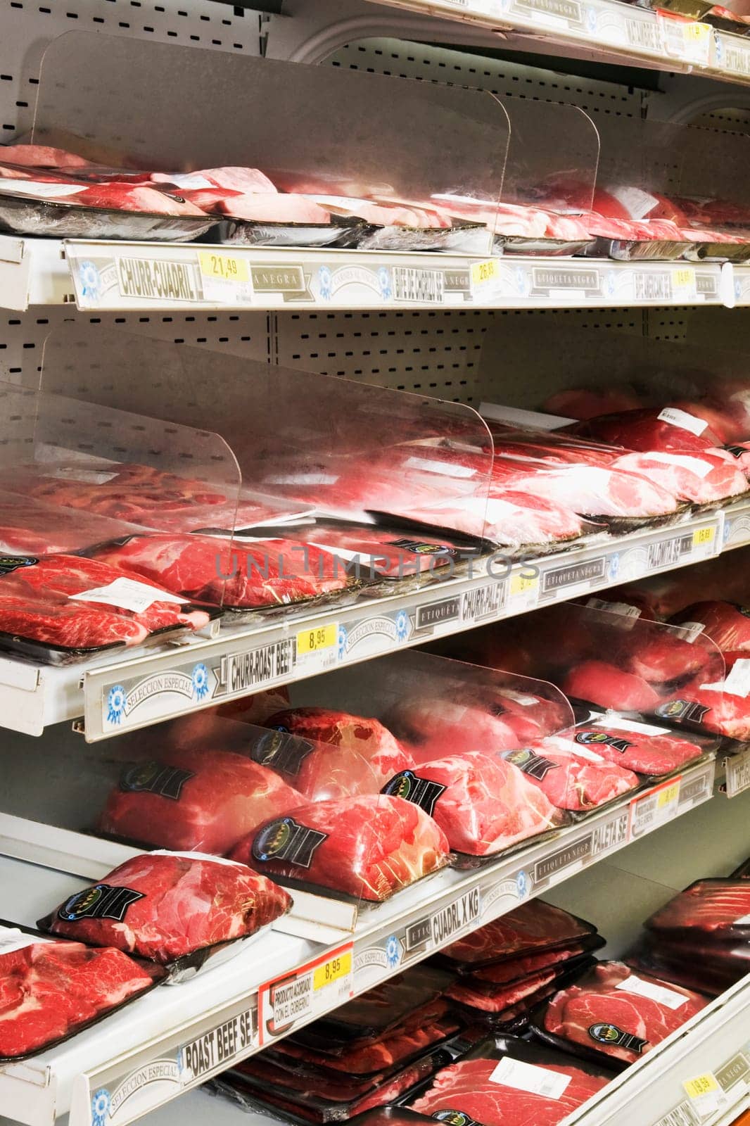 Red meat packets in a supermarket