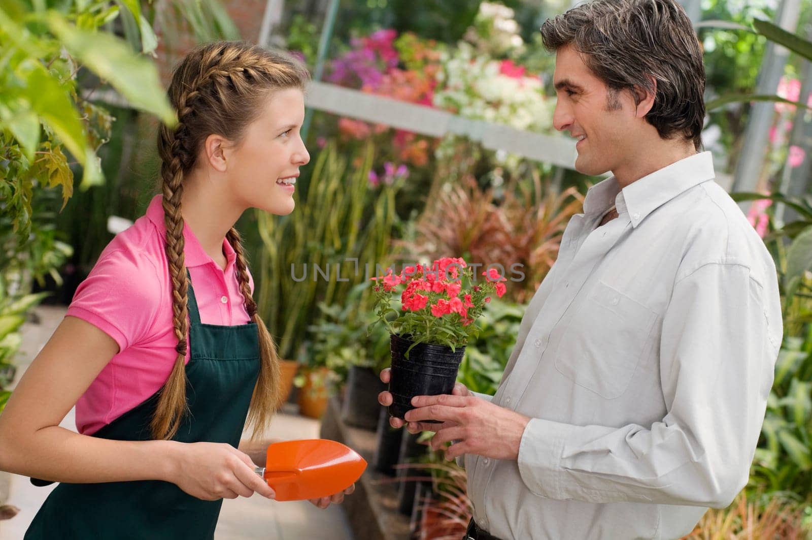 Customer buying a potted plant in a greenhouse