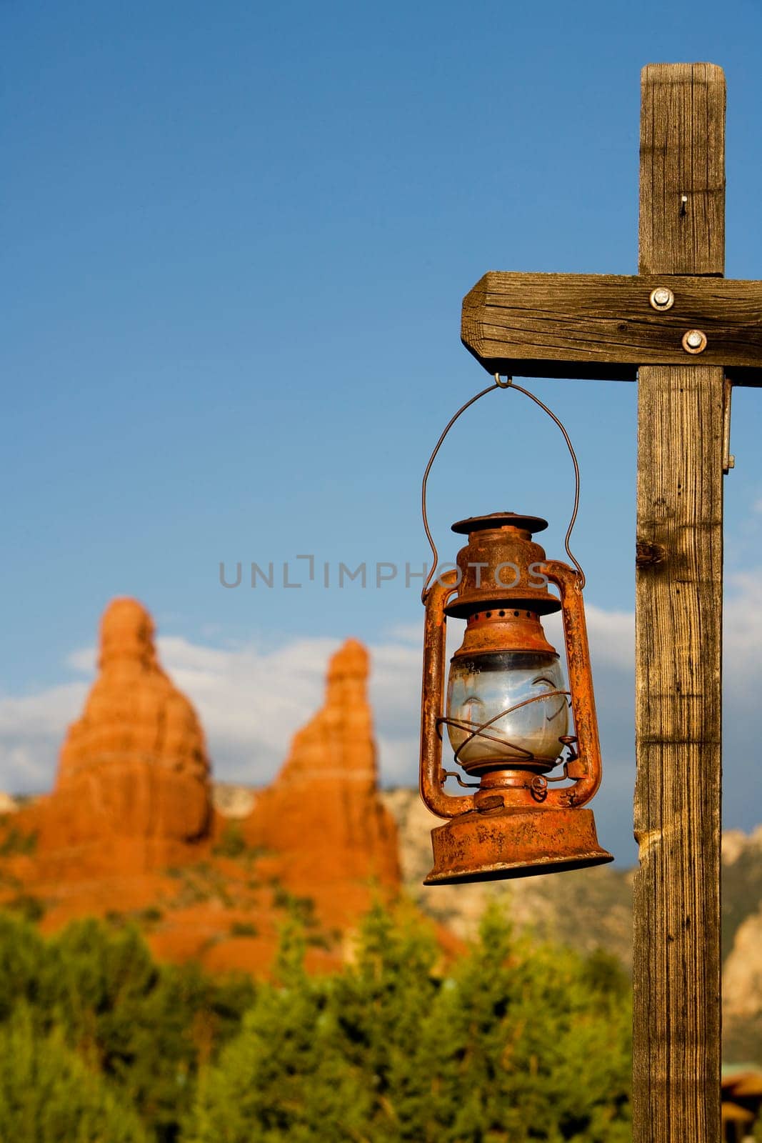Lantern hanging on a wooden post, Sedona, Arizona, USA
