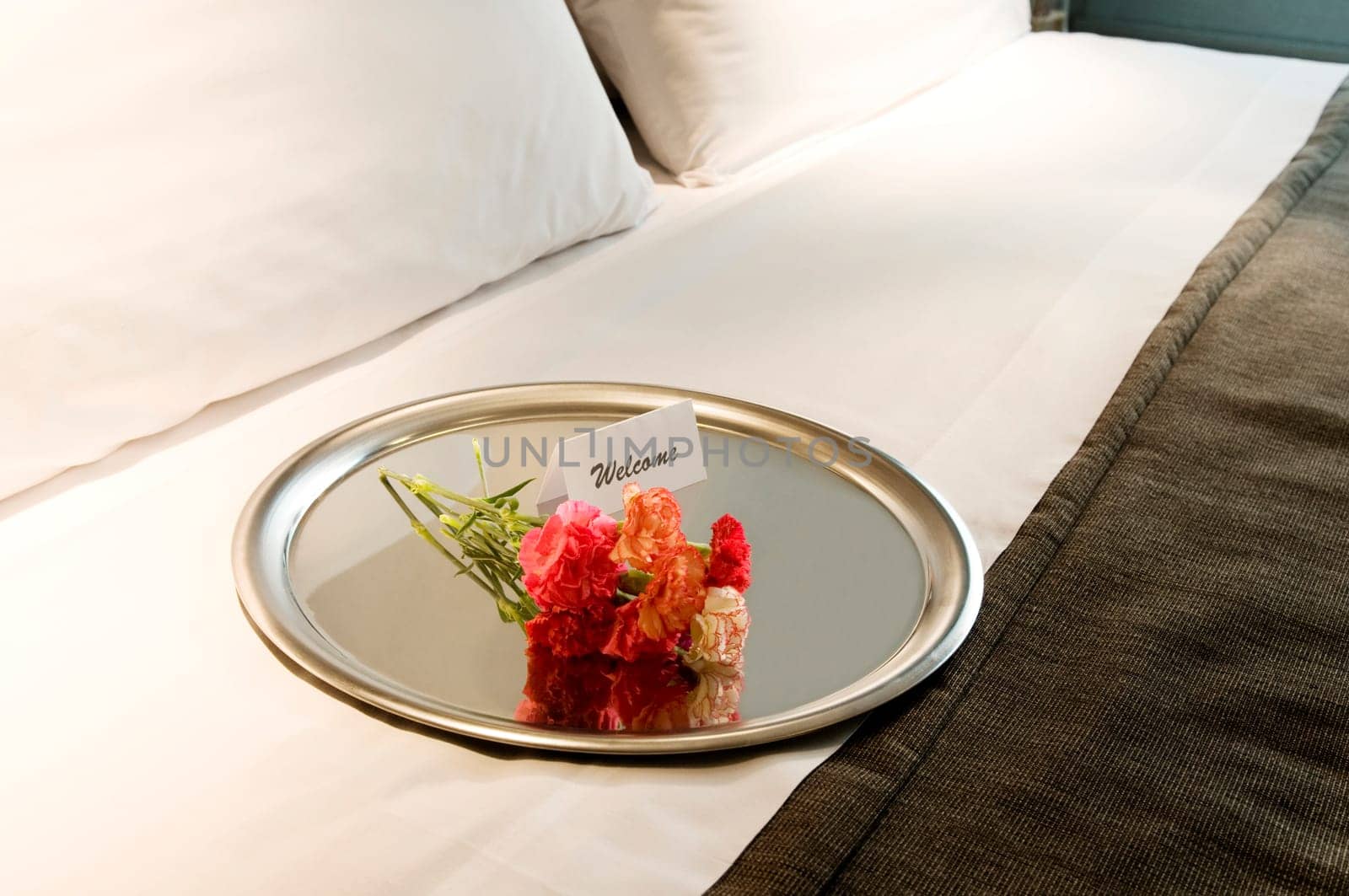 High angle view of flowers with a welcome note in a plate