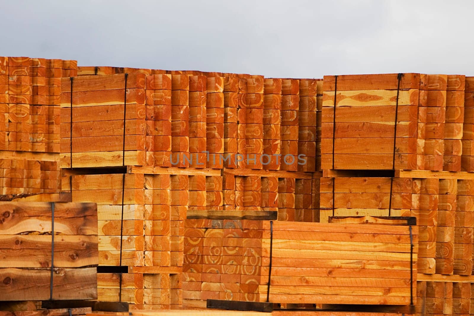 Stacks of timbers in a lumberyard