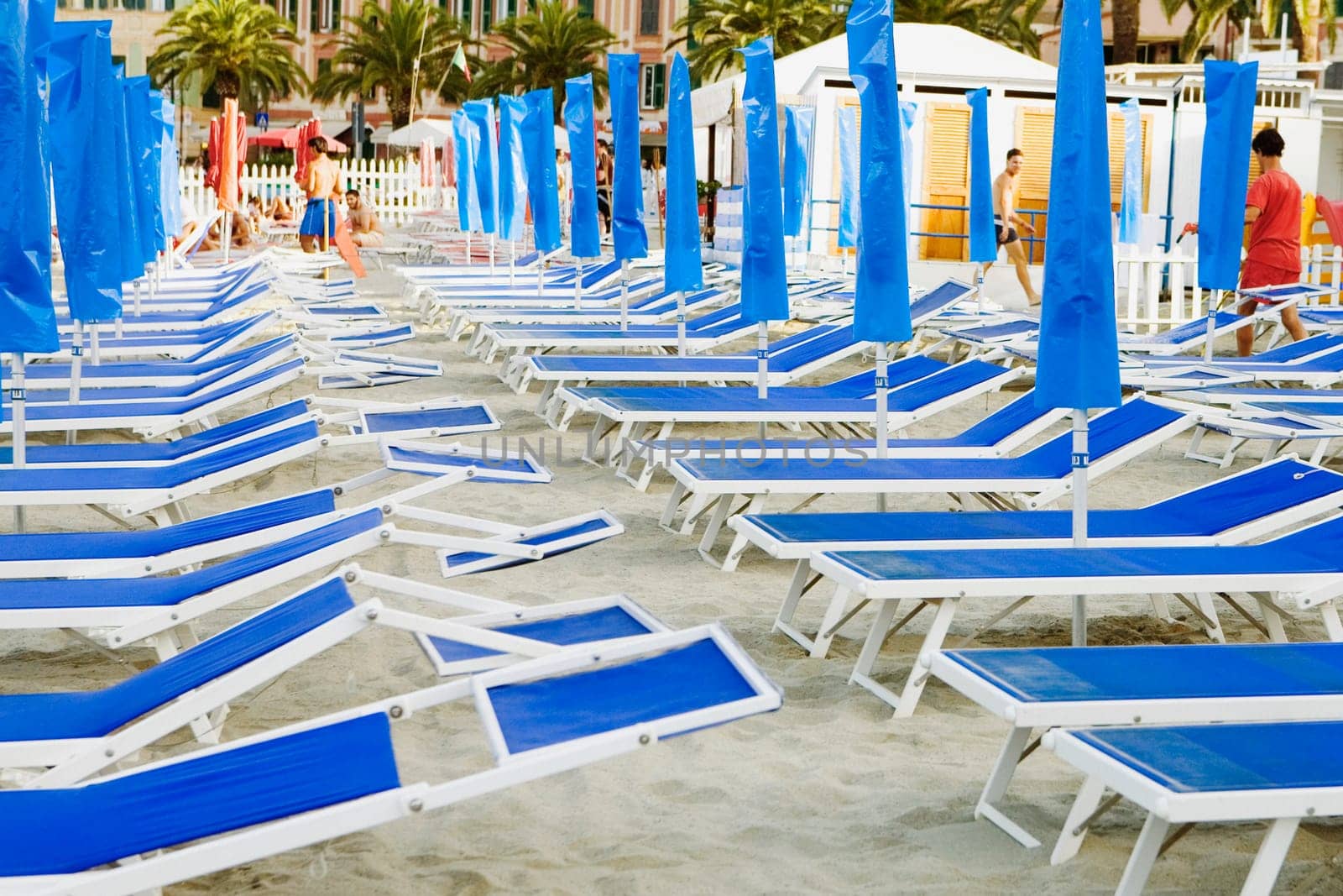 Lounge chairs on the beach, Italian Riviera, Santa Margherita Ligure, Genoa, Liguria, Italy