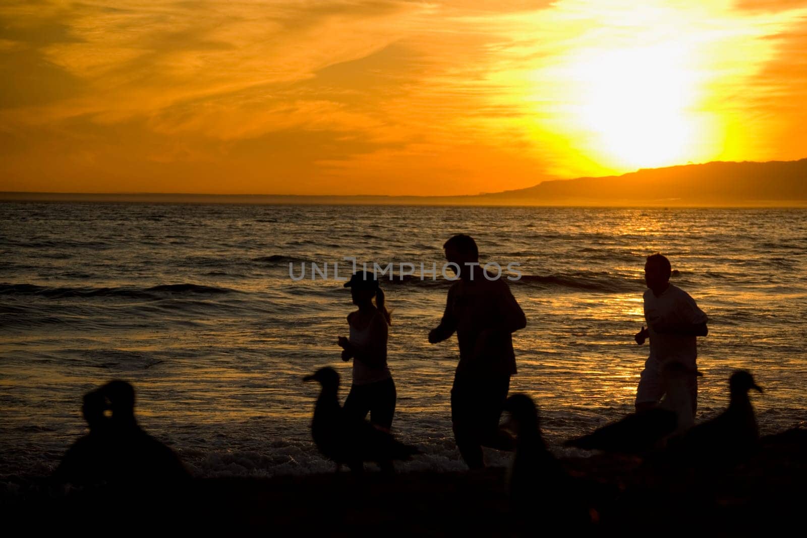 Tourists running on the beach, Santa Monica, Los Angeles County, California, USA