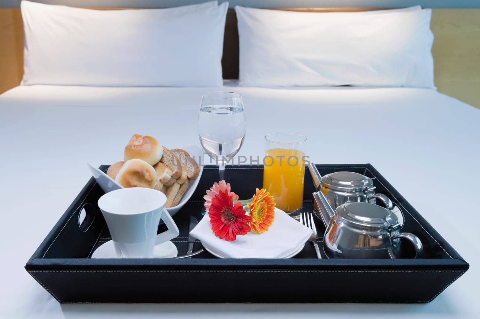 Breakfast tray on the bed