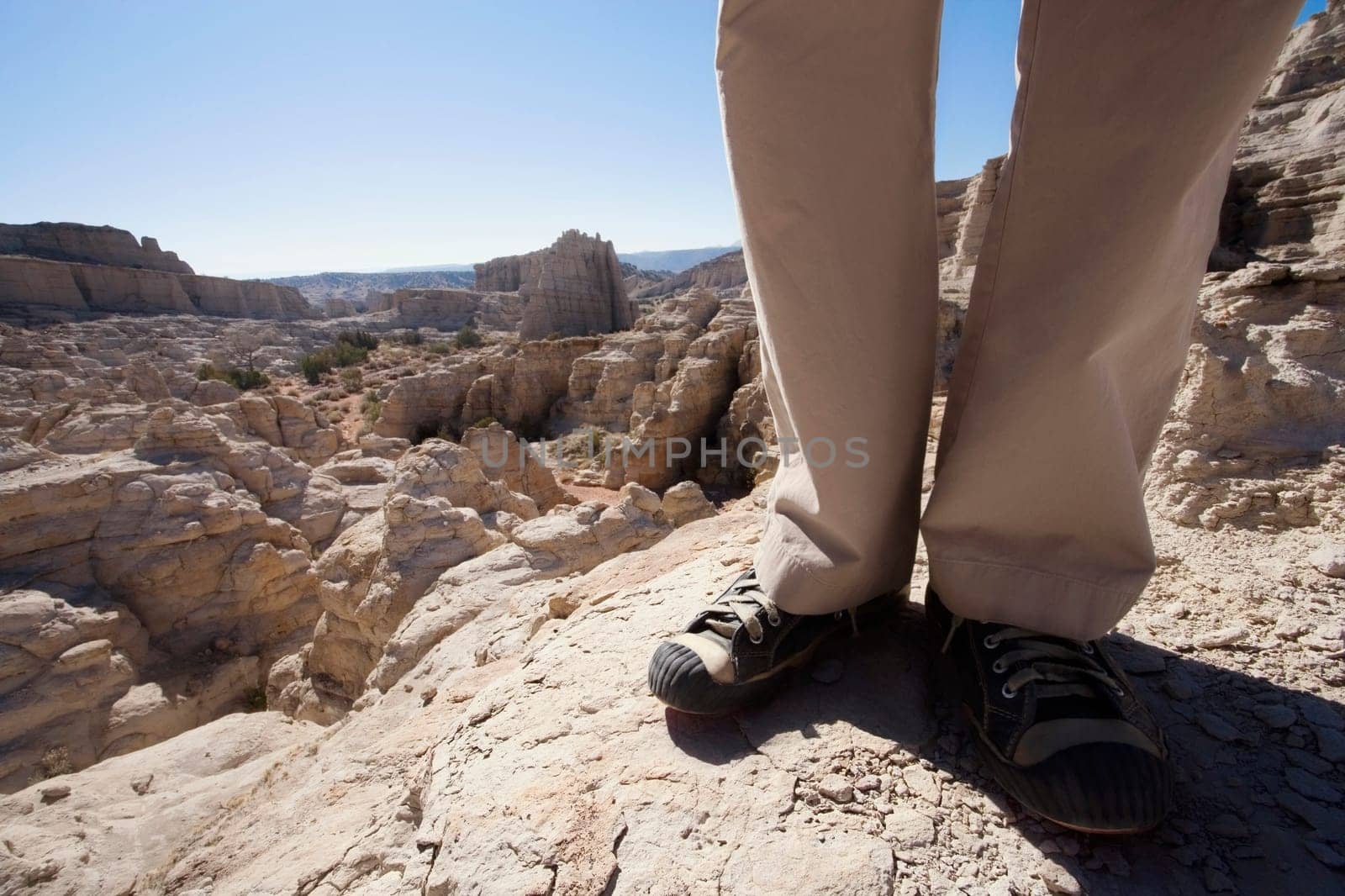 Low section view of a hiker standing on a rock