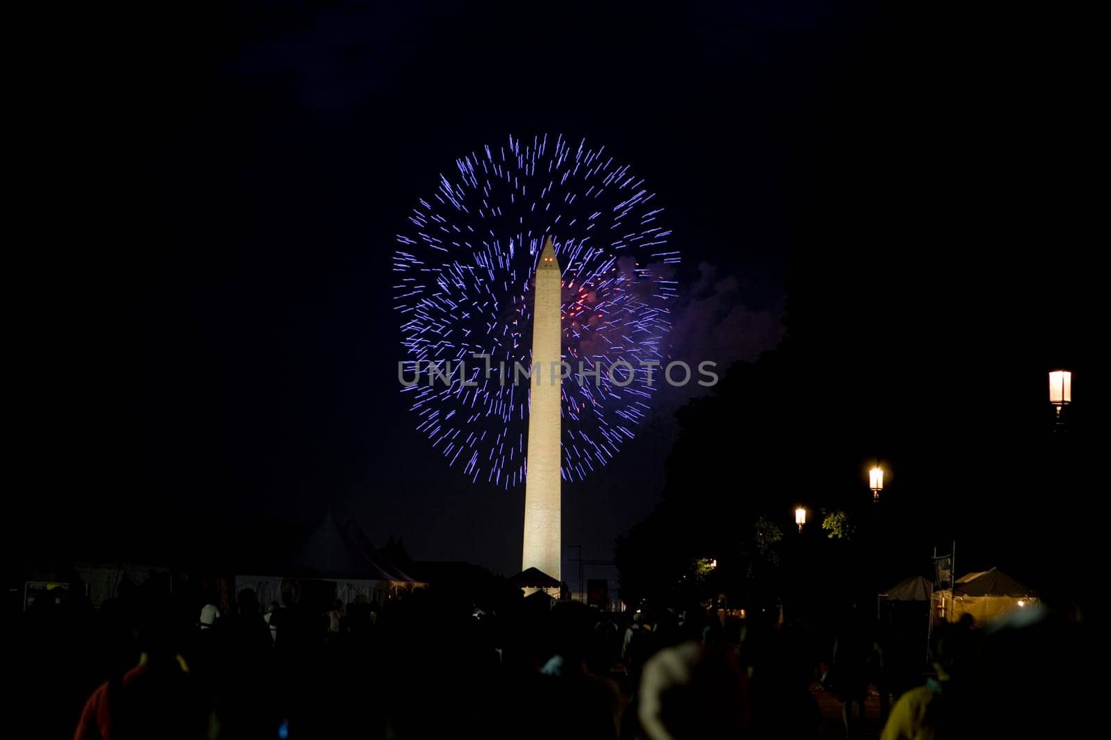 Low angle view of an obelisk lit up at night, Washington Monument, Washington DC, USA