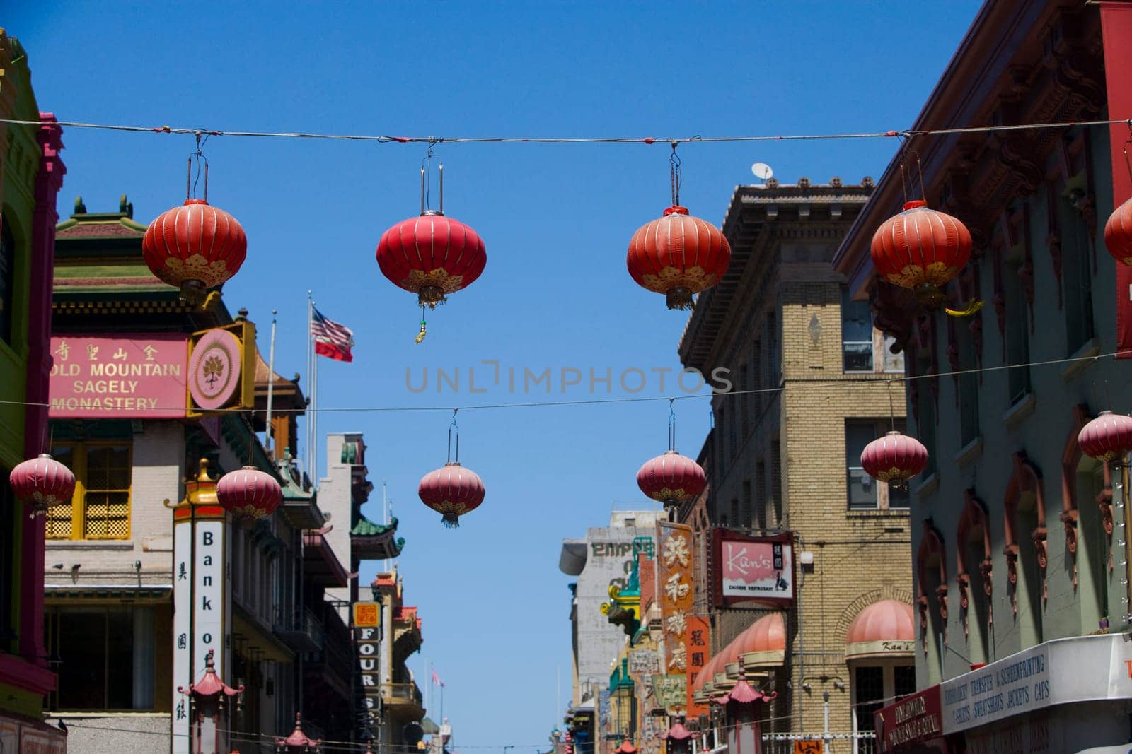 Chinese lanterns hanging in a city, Chinatown, San Francisco, California, USA