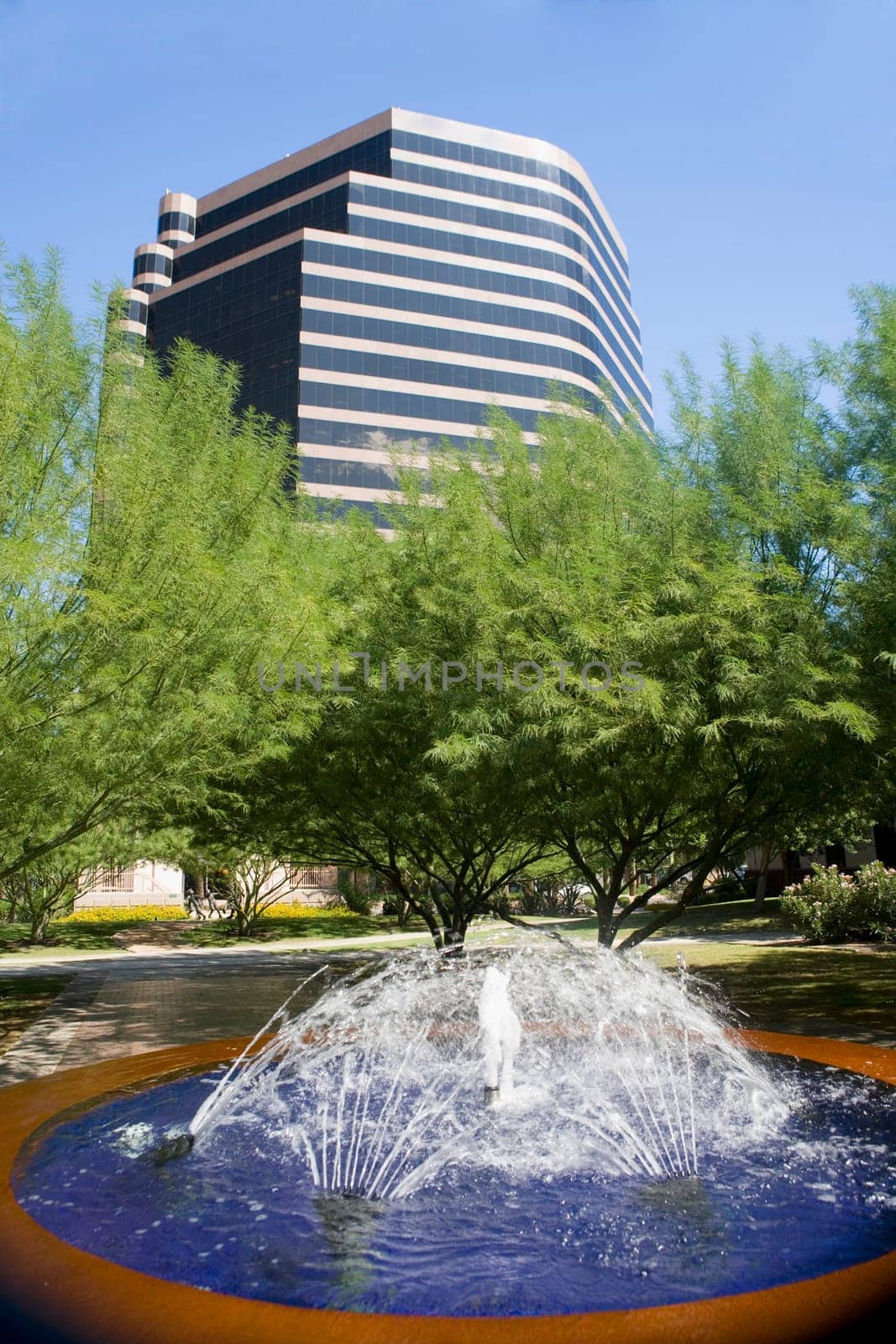 Fountain with an office building in the background, Phoenix, Maricopa County, Arizona, USA