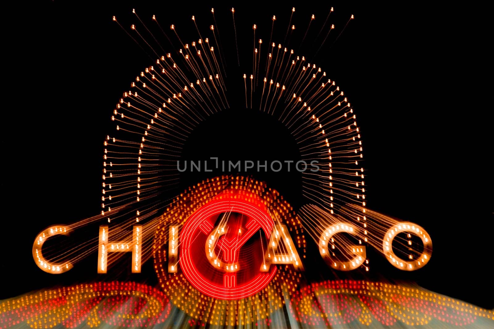Close_up of Chicago neon sign lit up at night, Chicago Theatre, Chicago, Illinois, USA