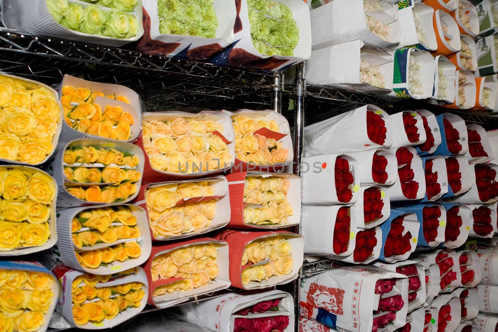 Flowers at a market stall, 28 Street, New York City, New York State, USA