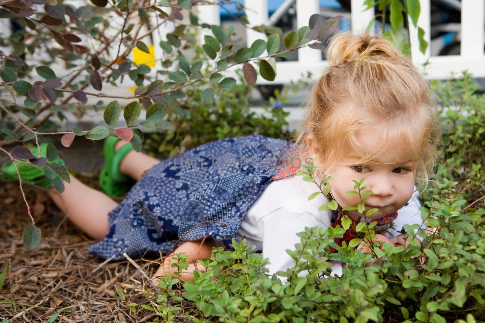 Baby girl lying in a garden