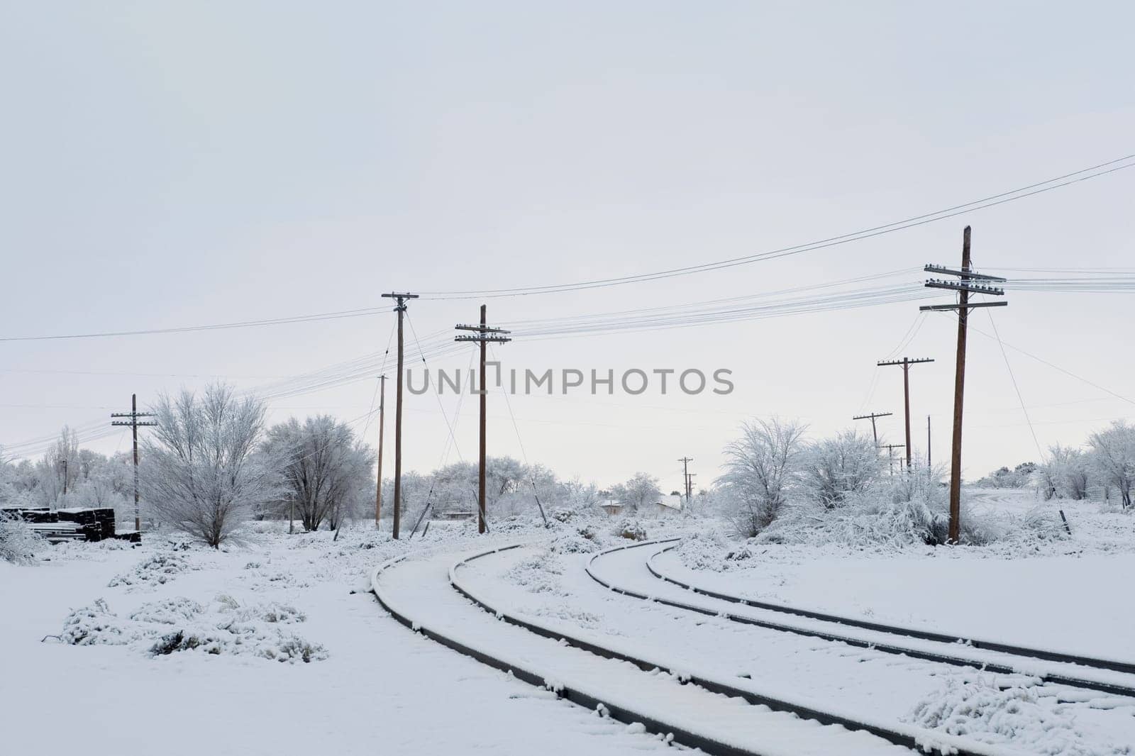 Railroad tracks passing through a snow covered landscape