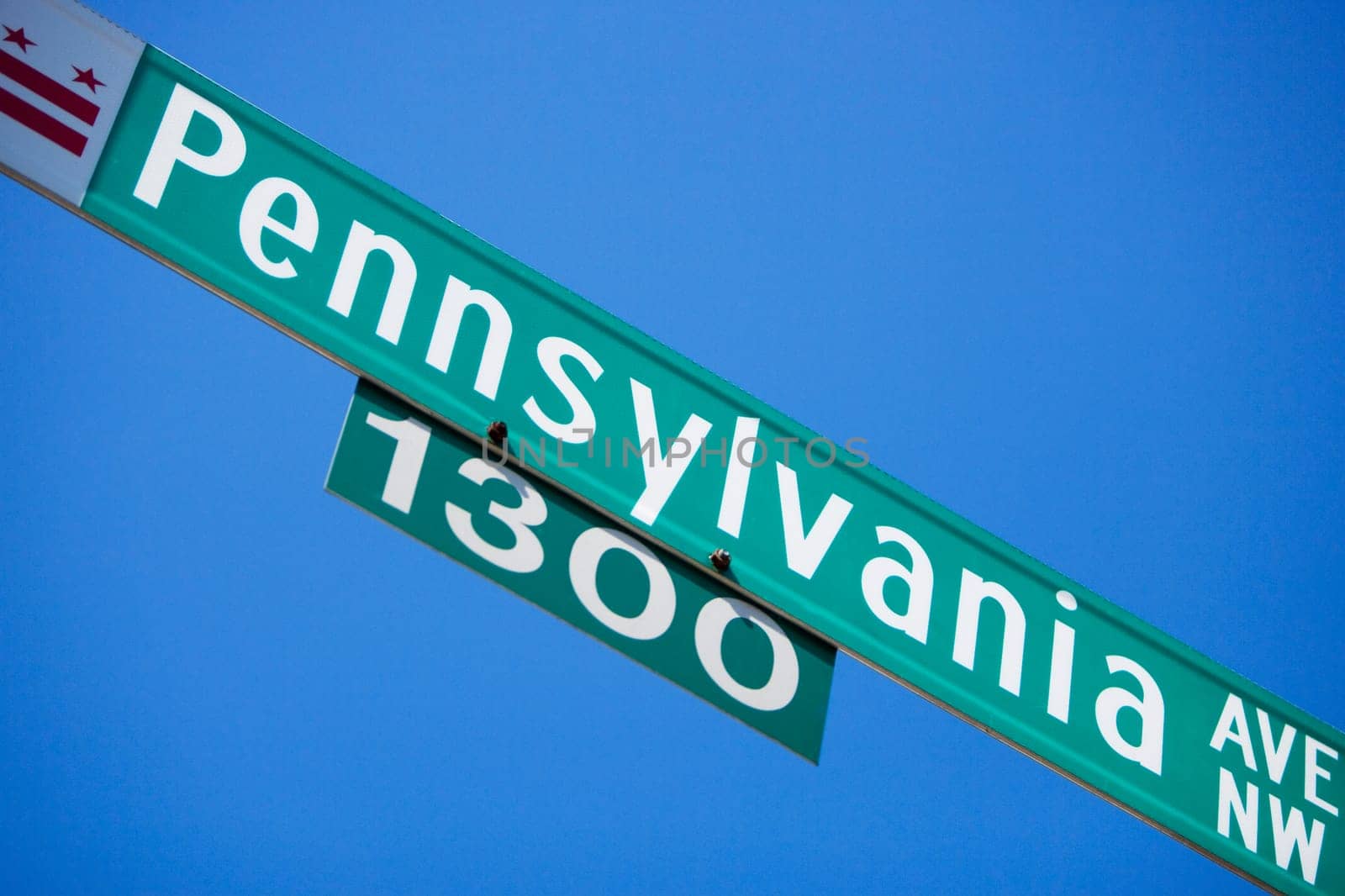 Low angle view of a street signboard, Pennsylvania Avenue, Washington DC, USA