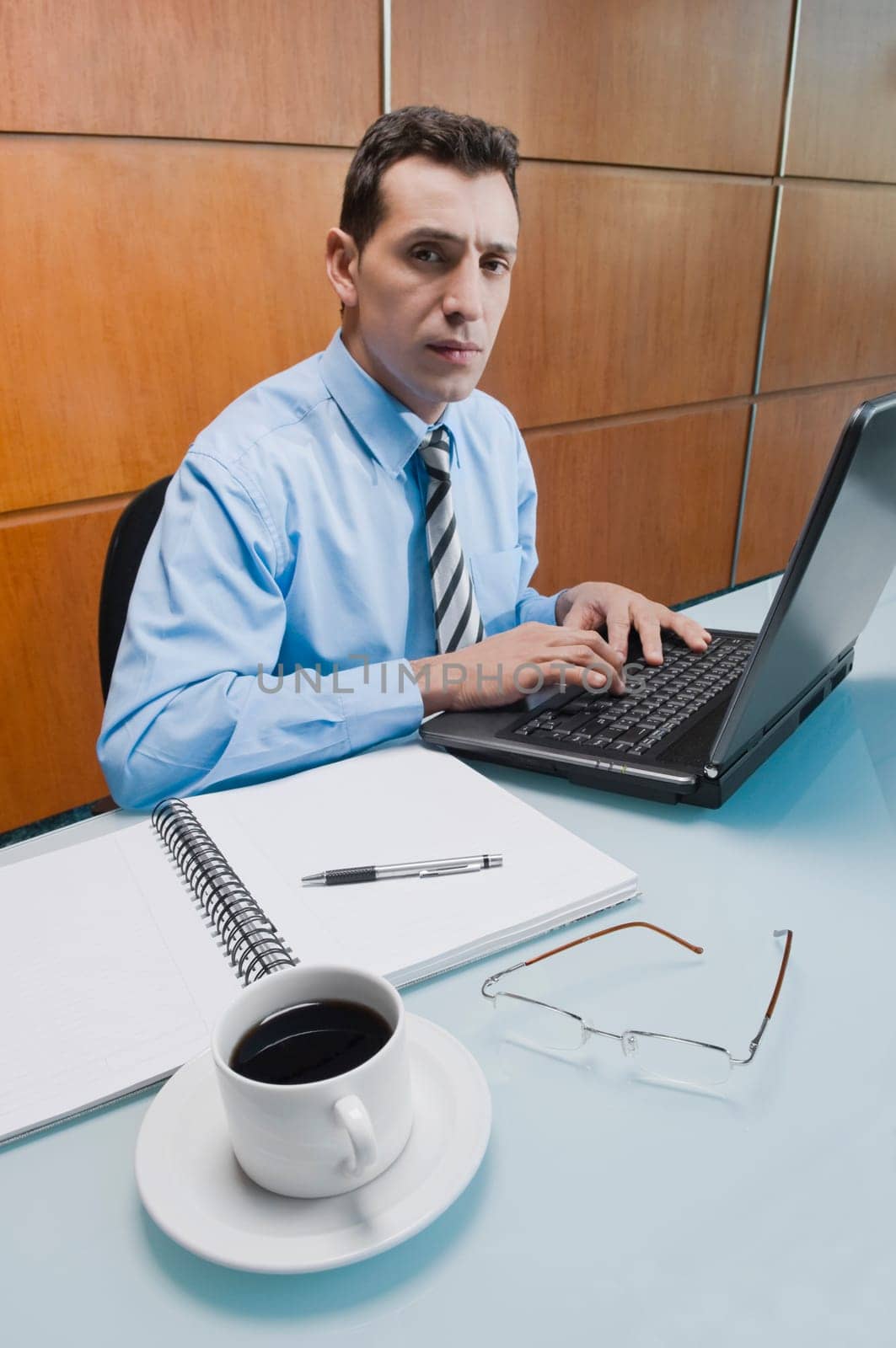 Portrait of a businessman working on a laptop in an office