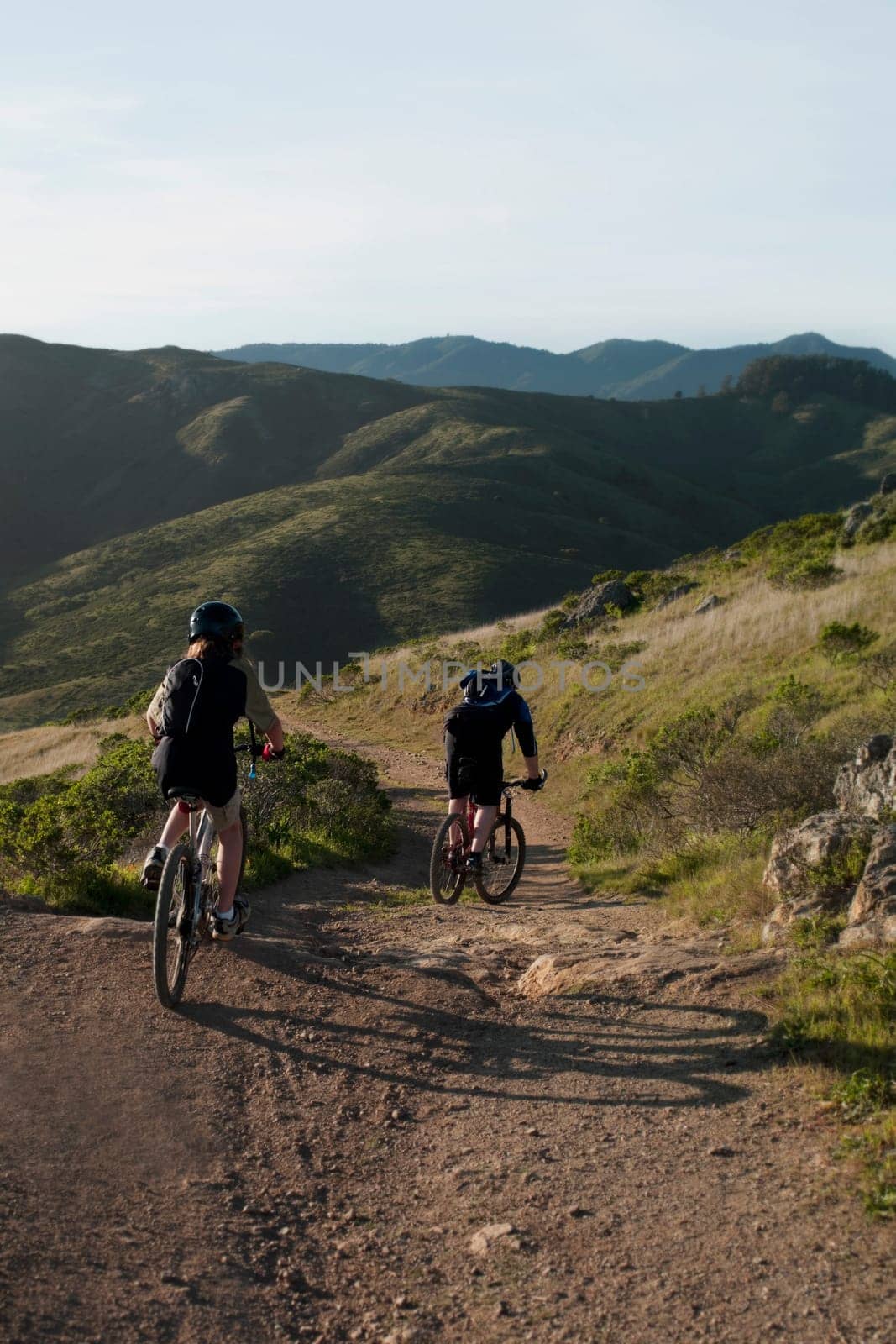 Rear view of a couple mountain biking