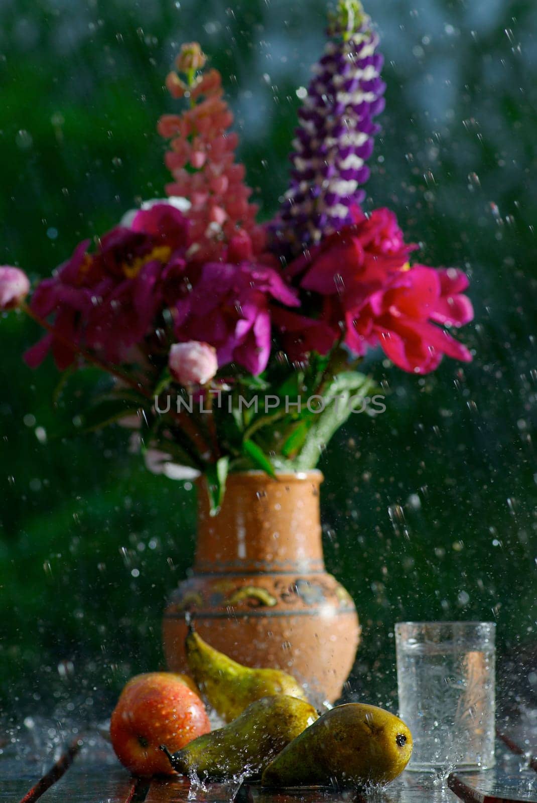 Close_up of a flower pot with fruits in rain
