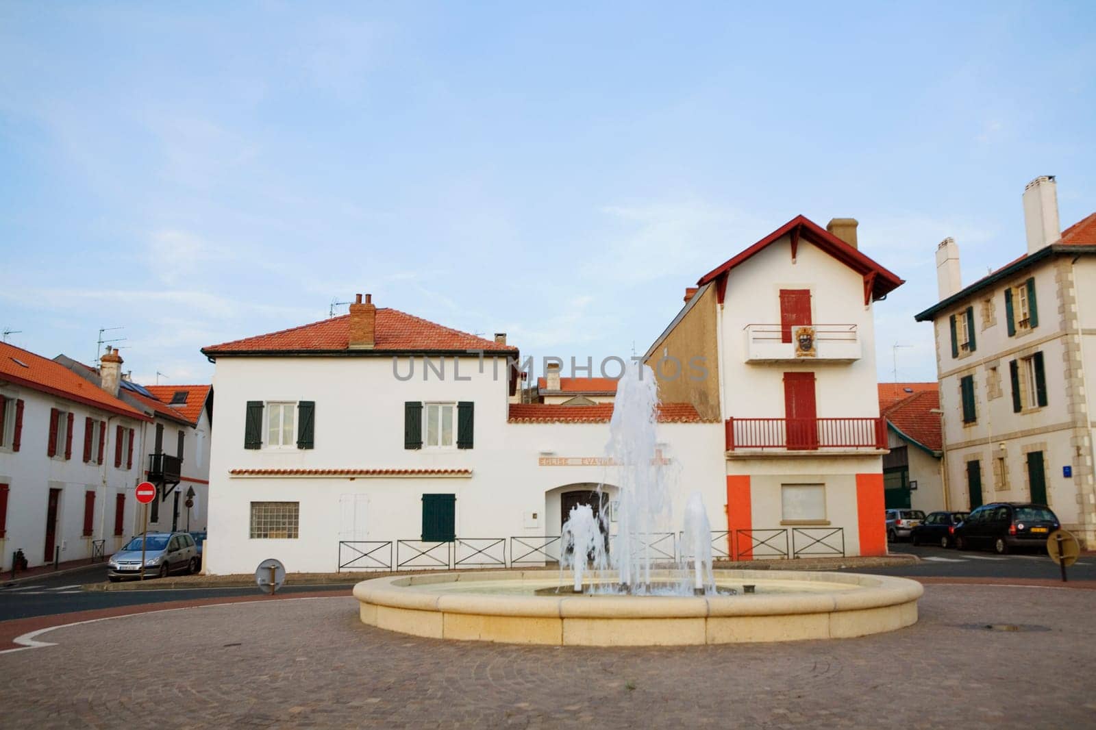 Fountain in front of buildings, Rond Point Lichtenberger, Biarritz, France