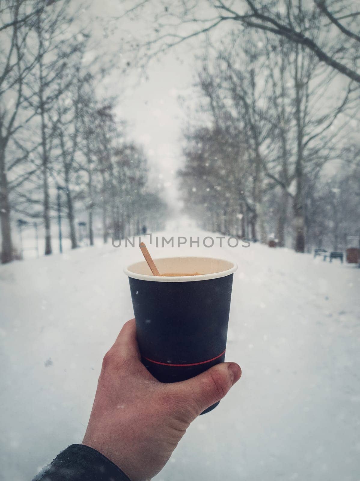Person hand holding a cup of fresh, hot coffee outdoors in the winter park in a cold snowy morning. Close up vertical lifestyle shot. Recyclable paper mug with a wooden coffee stirrer. Enjoy beverage