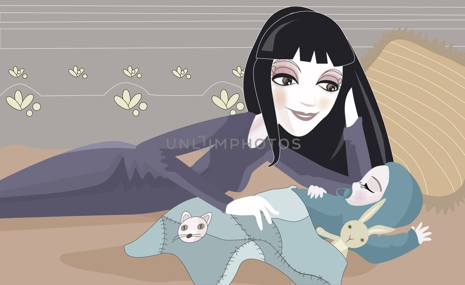 Mother lying down with her baby girl on the bed