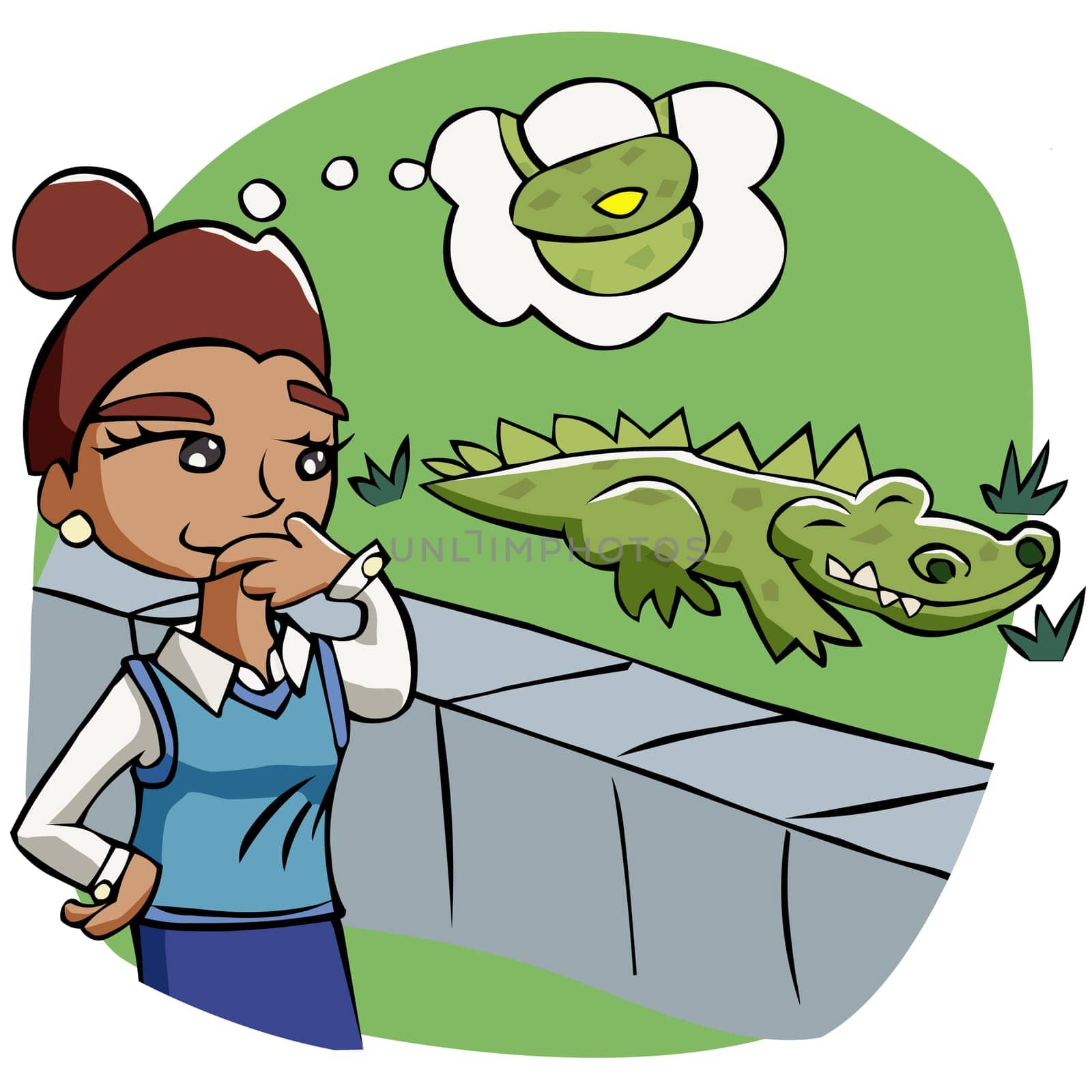 Woman looking at a crocodile and thinking of a crocodile skin bag
