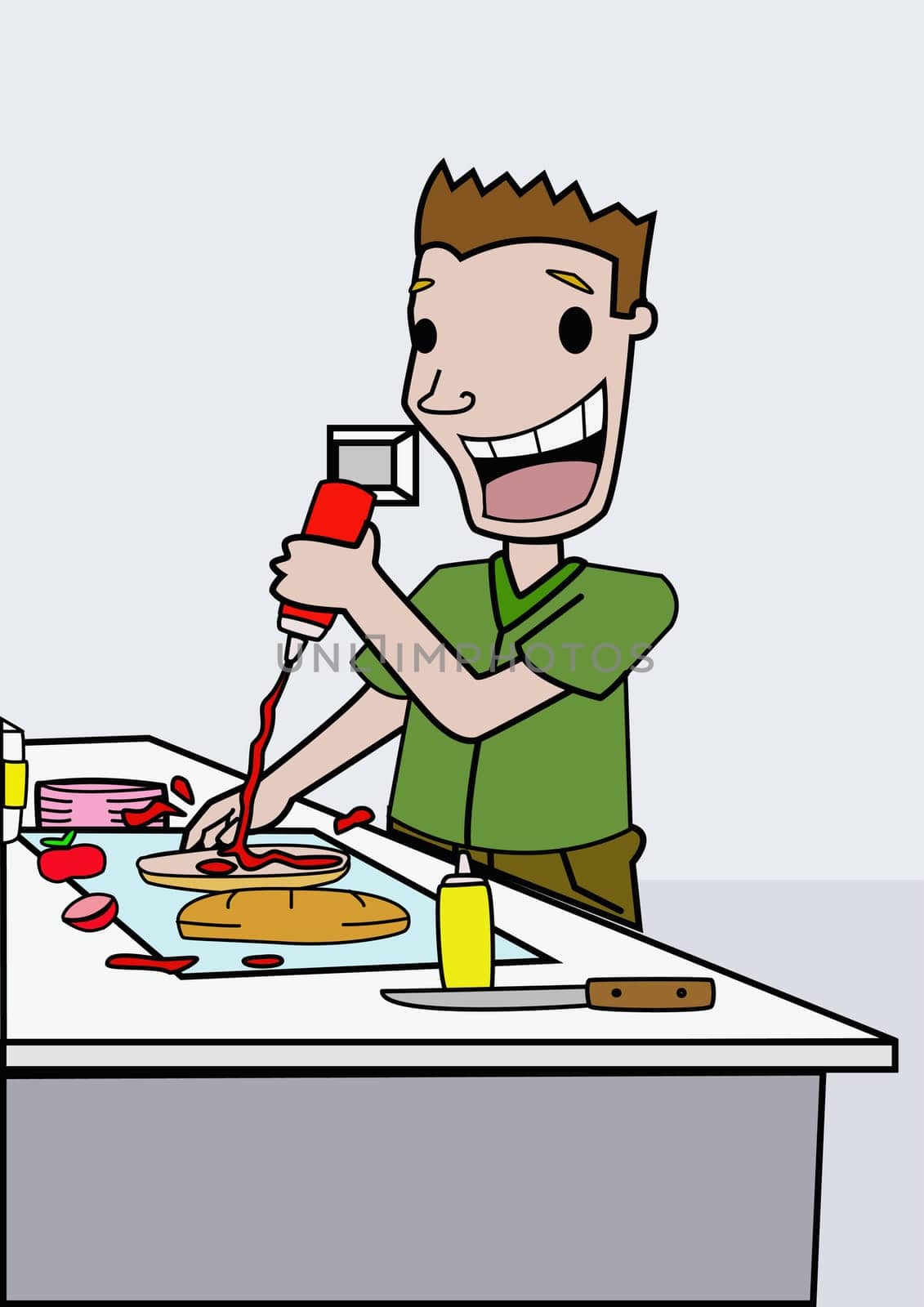 Boy squeezing ketchup from a bottle on a bread