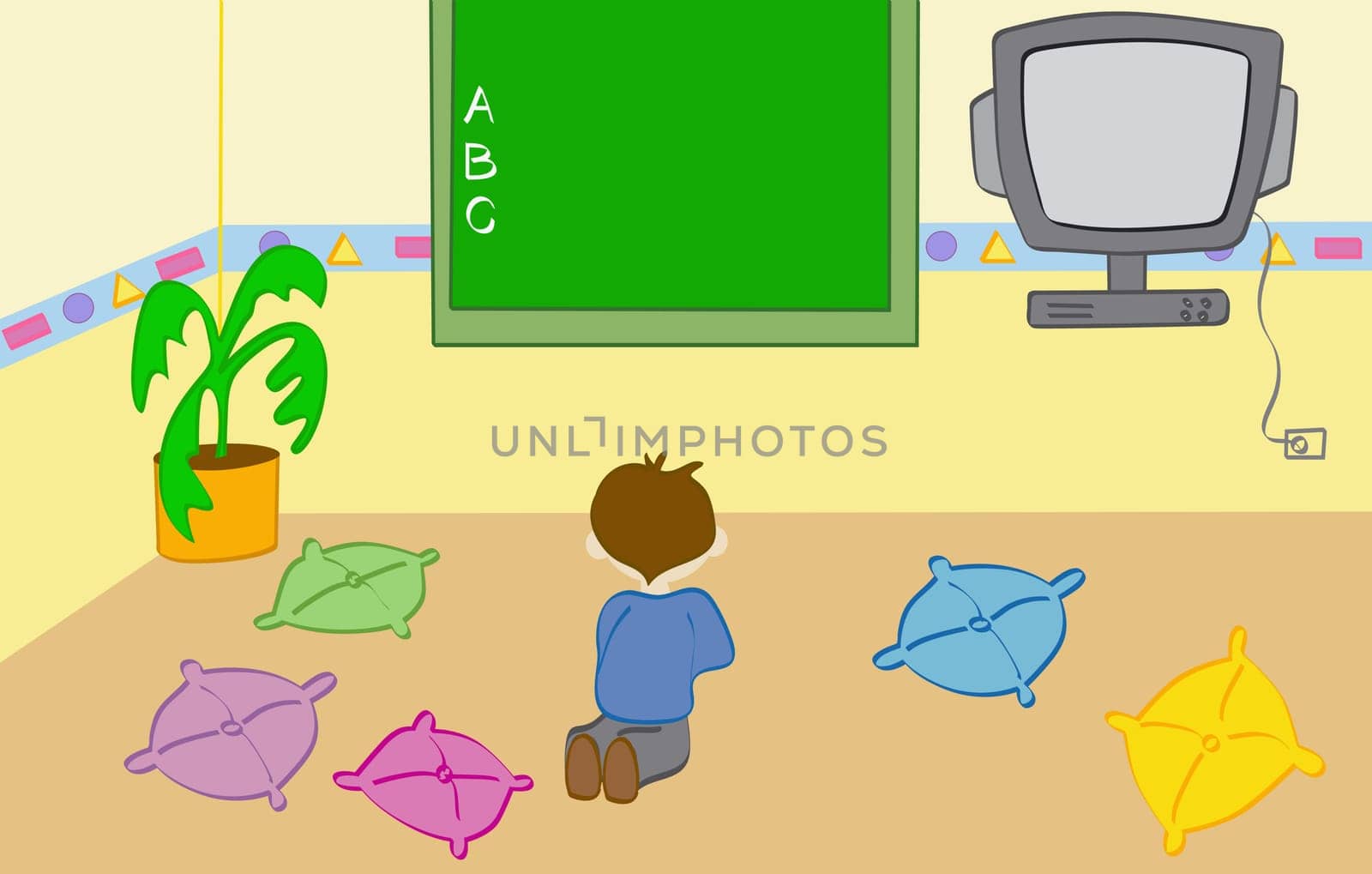 Rear view of a boy kneeling