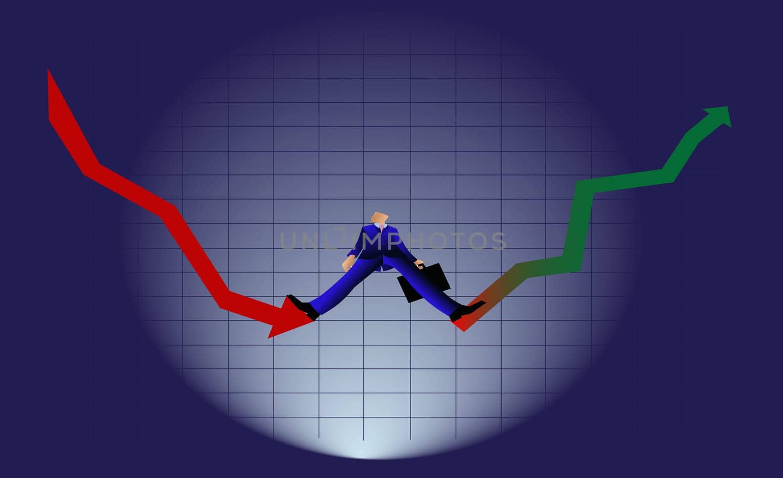 Businessman standing on two line graphs