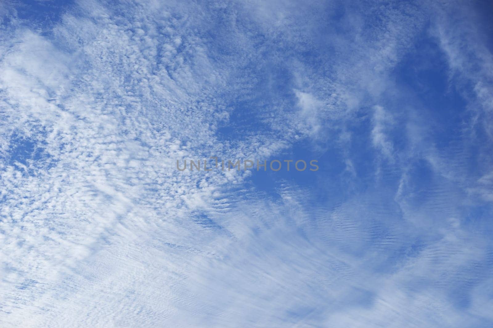 Early morning cloudy blue sky background with mackerel sky and other cloud types