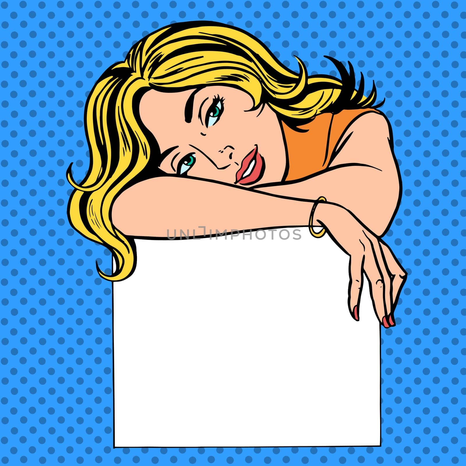 Pop art vintage comic. A woman with a poster and place for text. Girl in retro style. Advertising