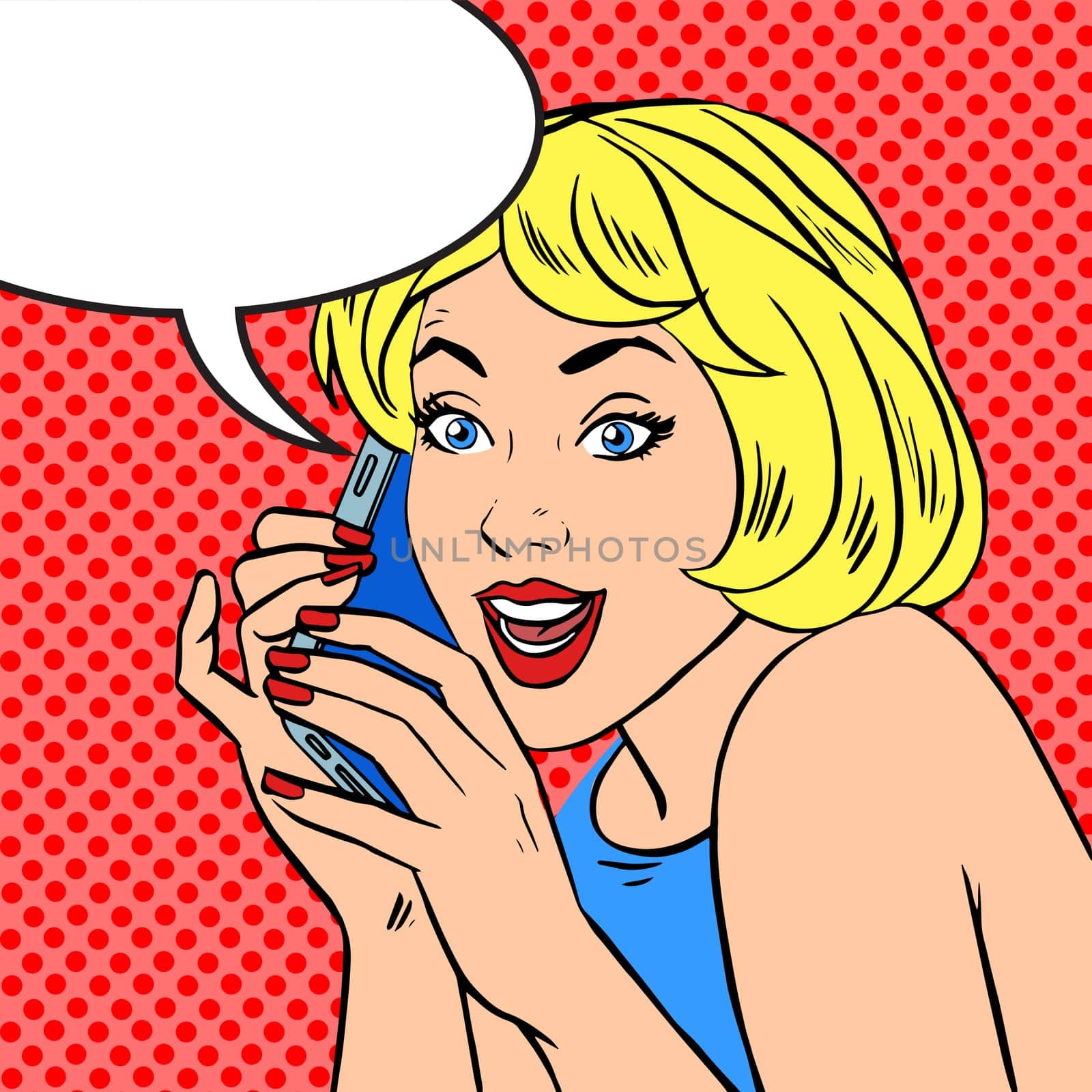 Pop art vintage comic. Girl talking on the phone. Retro style. Bubble for text. Technology and communication