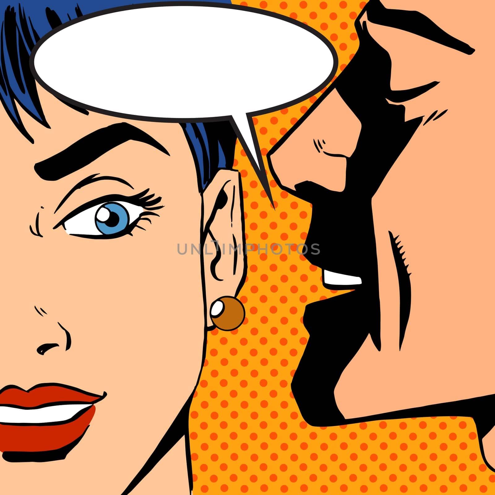 Pop art vintage comic. The man whispers to the girl. Cloud for the text. Gossip and rumors talk about love. Retro style