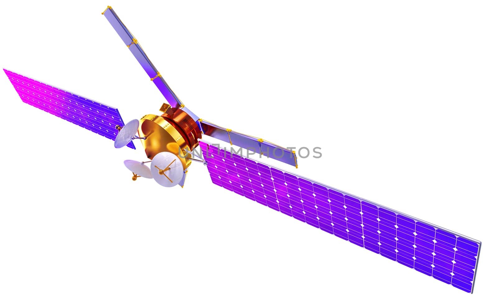3D model of an artificial satellite of the Earth, equipped solar panels and parabolic satellite communications antenna
