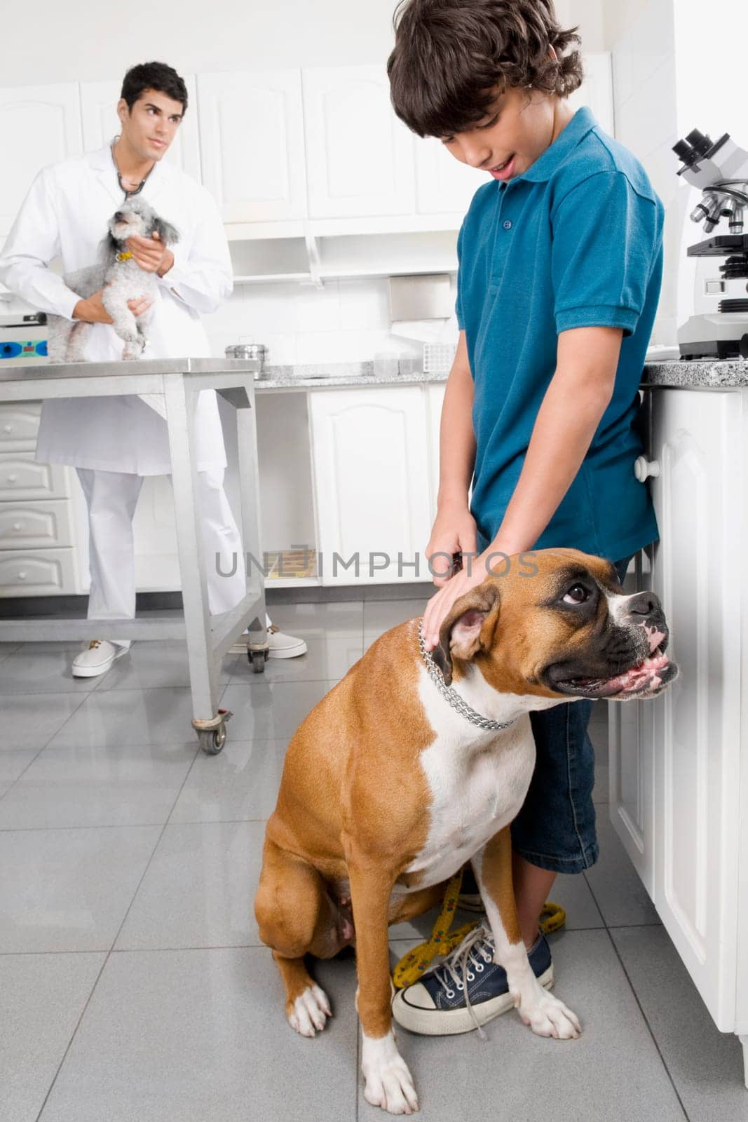 Boy stroking a dog with a vet in the background
