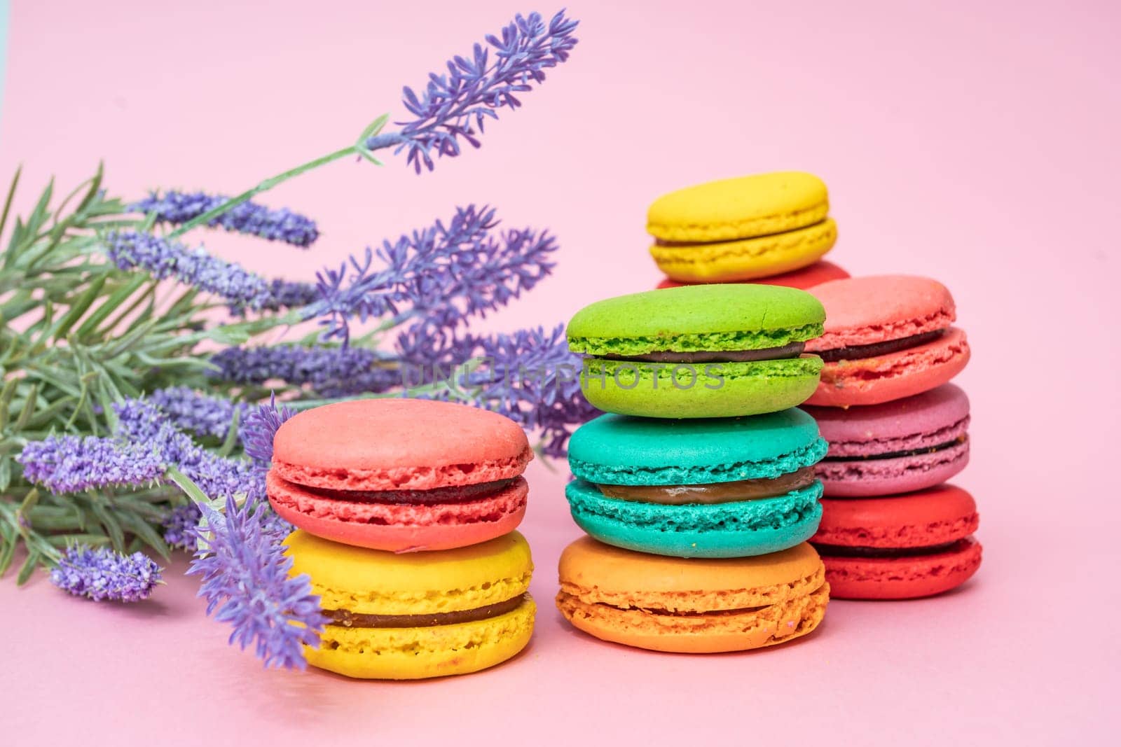 tasty colorful macarons on pink background