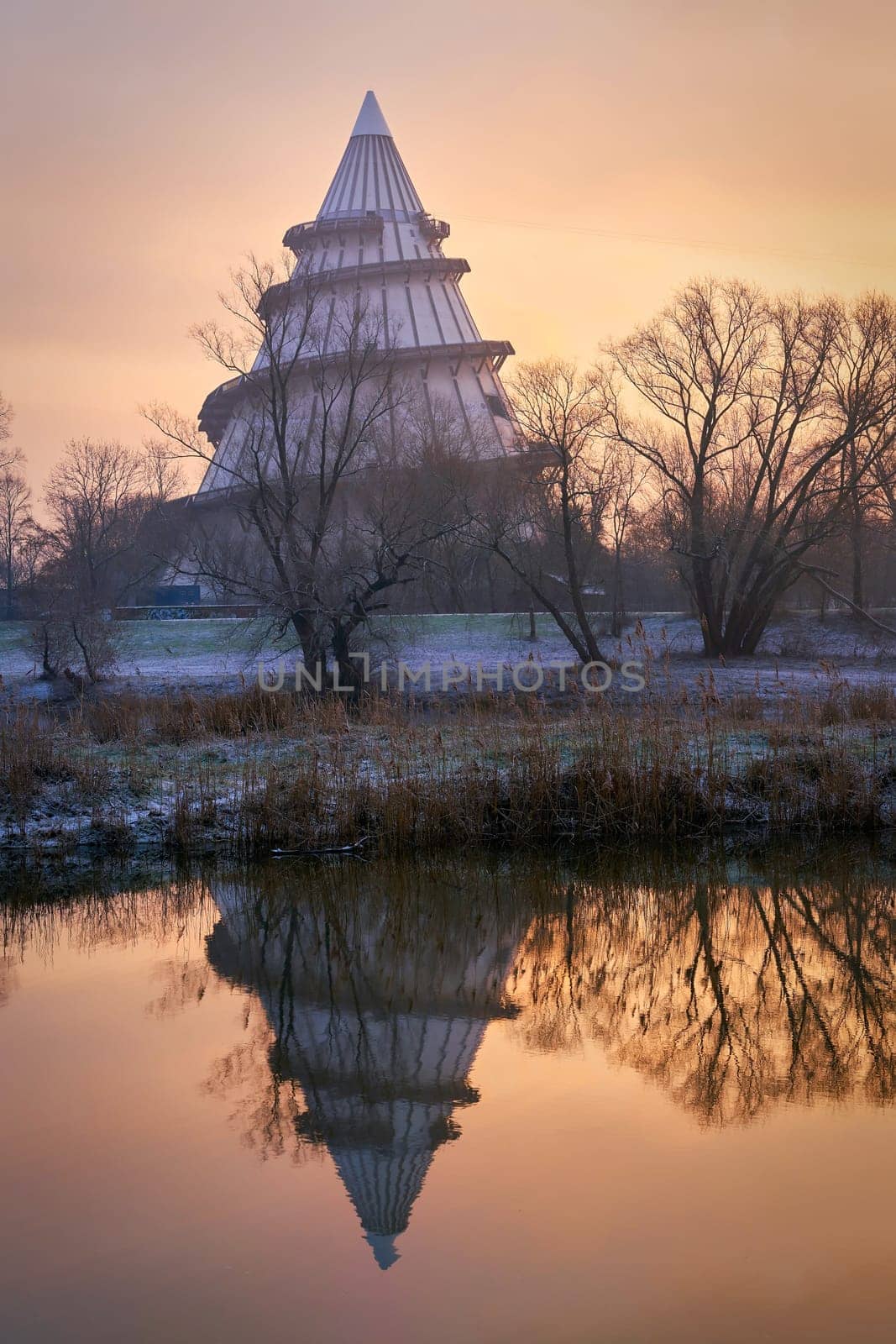 View over the river alte Elbe to the Jahrtausendturm on the outskirts of the city of Magdeburg in Germany