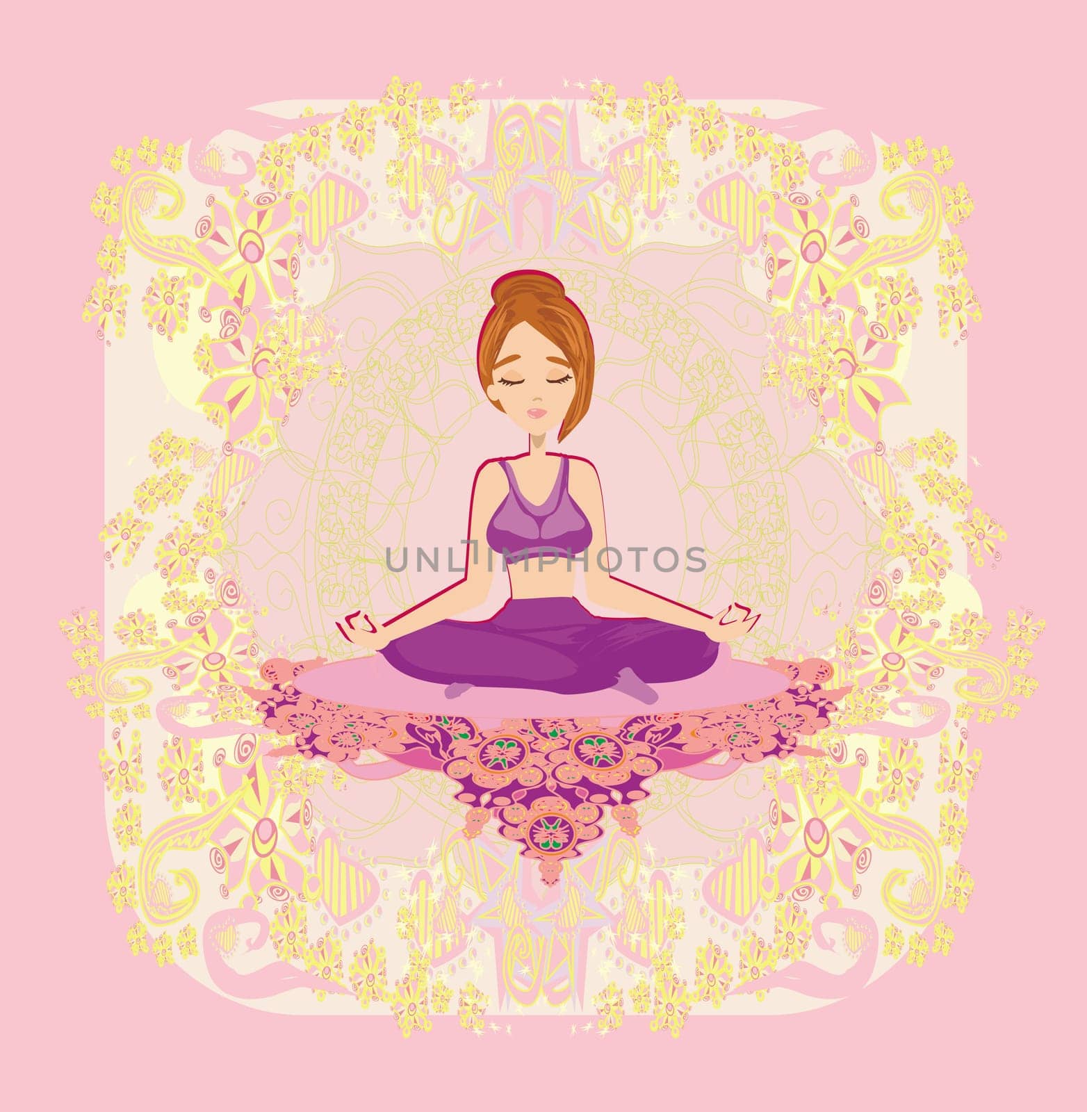 Girl in lotus pose meditating, abstract decorative card