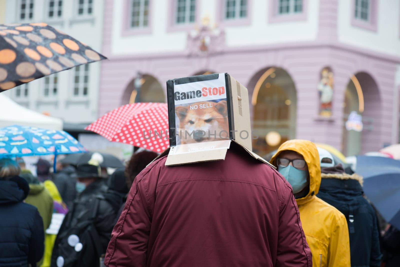 Demonstration in Trier on the 20.01.2021 against the covid-19 regulations in Germany, protest of the Antifa and the radical left wing against corona deniers