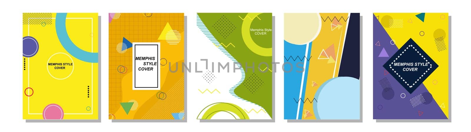 Set of Memphis Style Covers. Flat Vector Illustrations for Background, Brochures, Posters and Banners Template