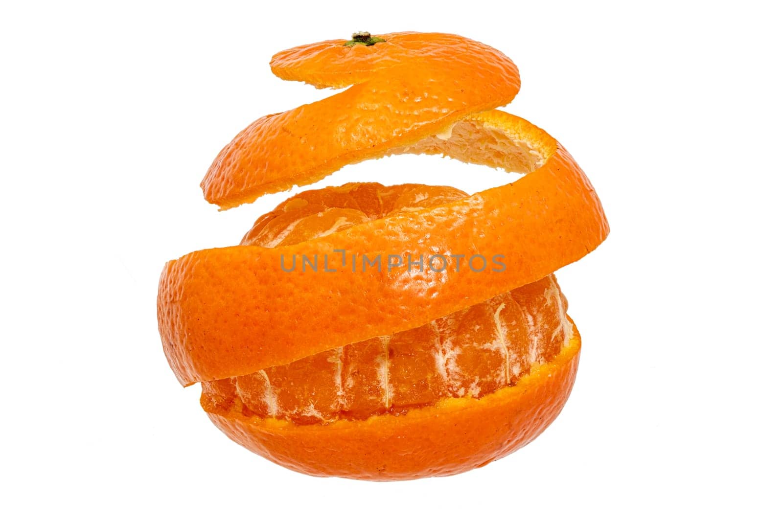 Tangerine peeled off all around in a strip against a white background