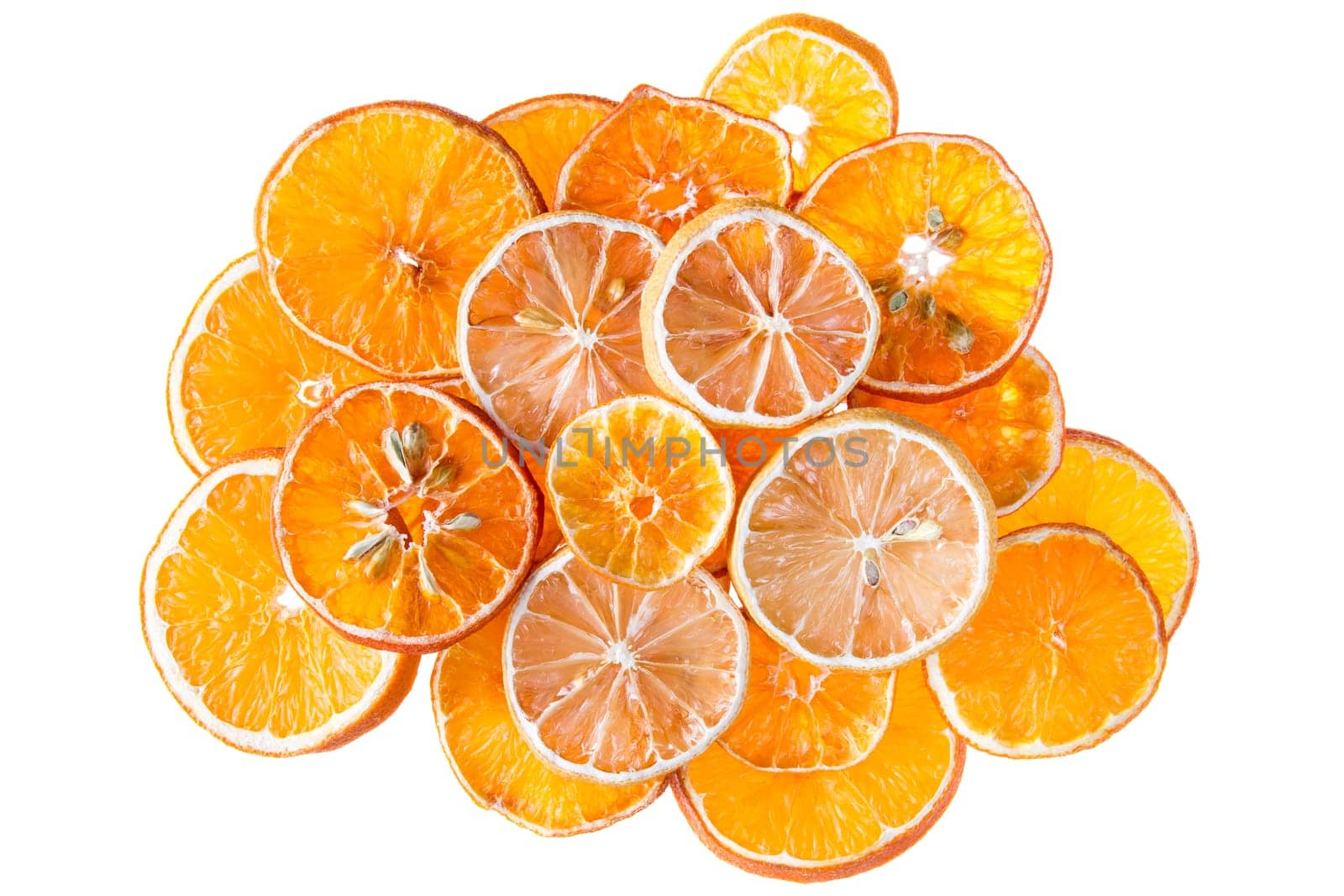 Dried orange and lemon slices from above, isolated on white background