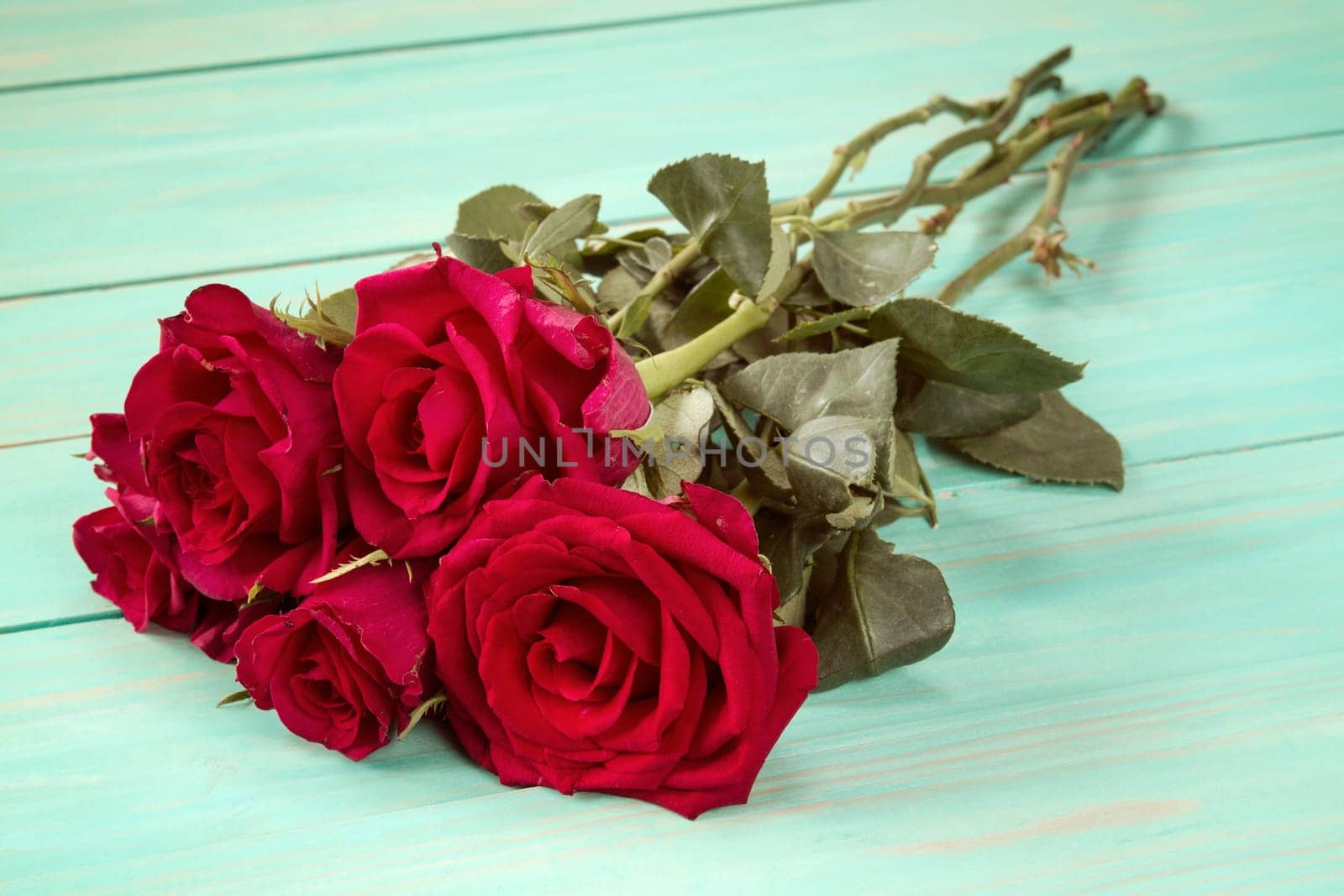 Bouquet of red roses on blue wooden surface