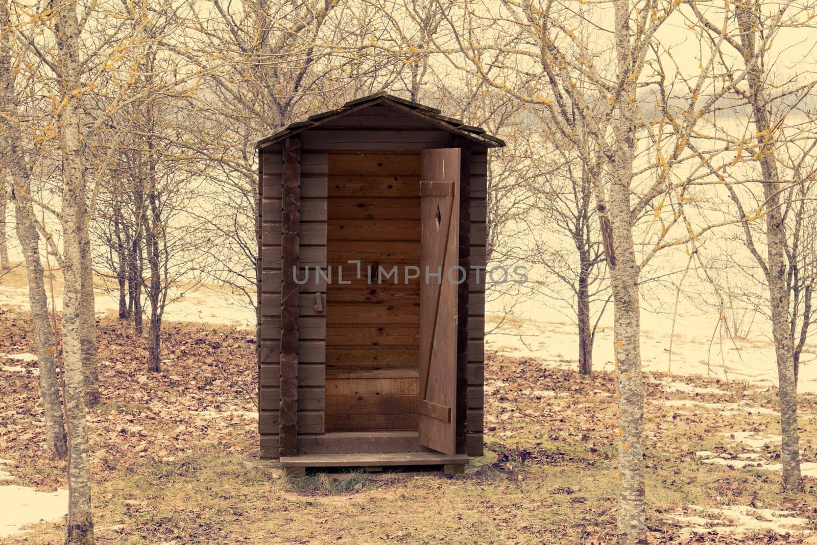 Wooden outdoor toilet with opened door in the park