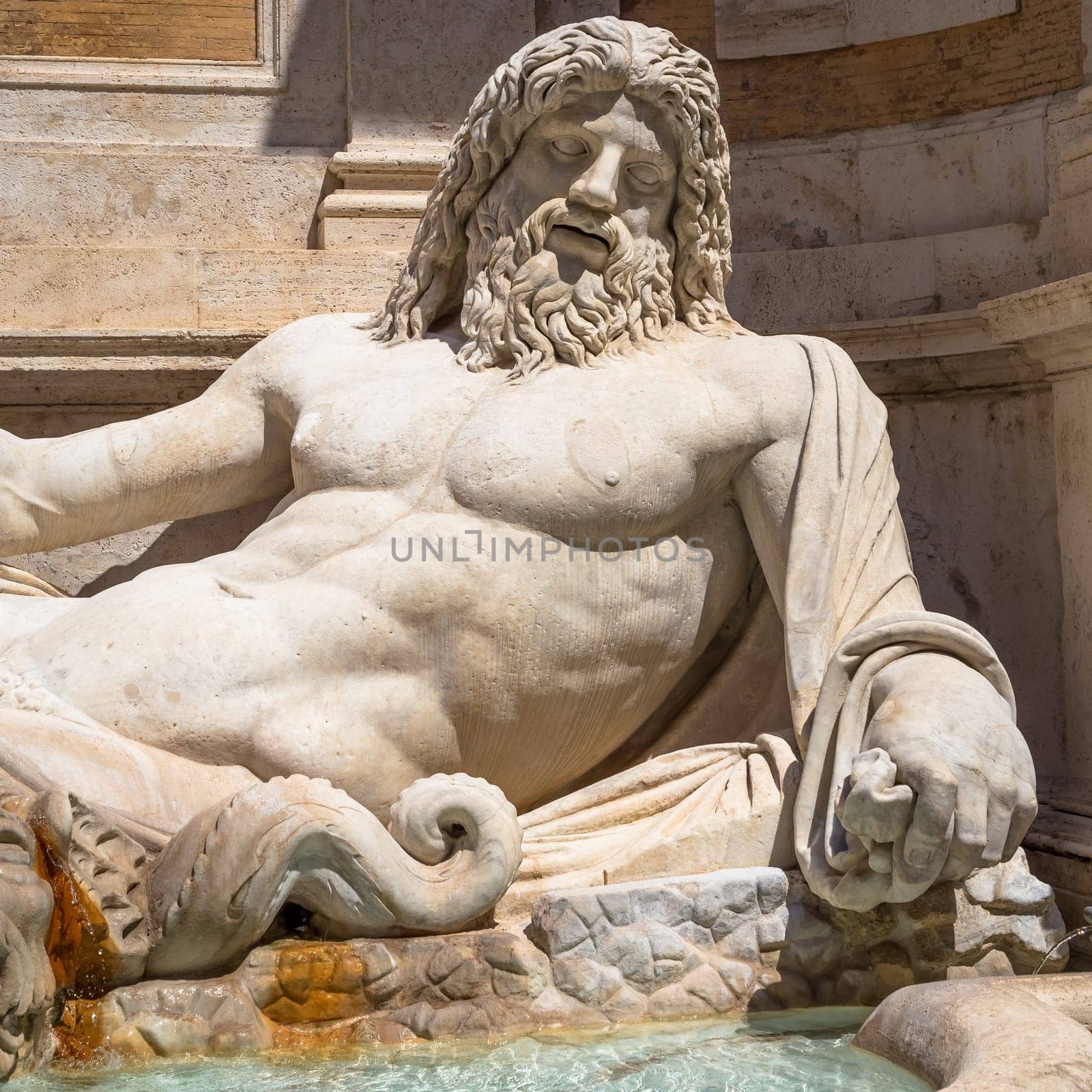 ROME, ITALY - CIRCA AUGUST 2020: famous Greek sculpture of Ocean god, named Marforio. Classic mythology in art.