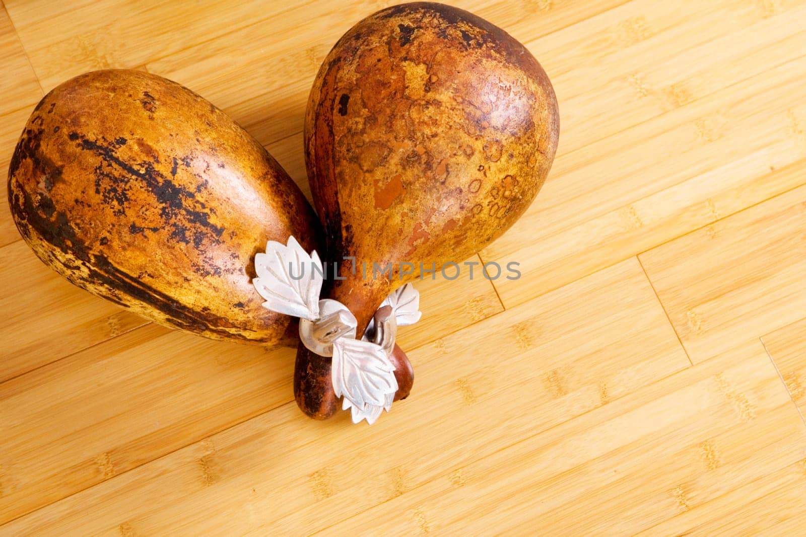 High angle view of two dried gourds on a wooden floor
